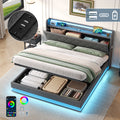 4ft6 Double Upholstered Bed Frame with Hydraulic Storage,  LED Button Tufted Headboard with Charging Station and Concealed Headboard Storage, USB and Type - C Ports, Linen, Grey (No Mattress)