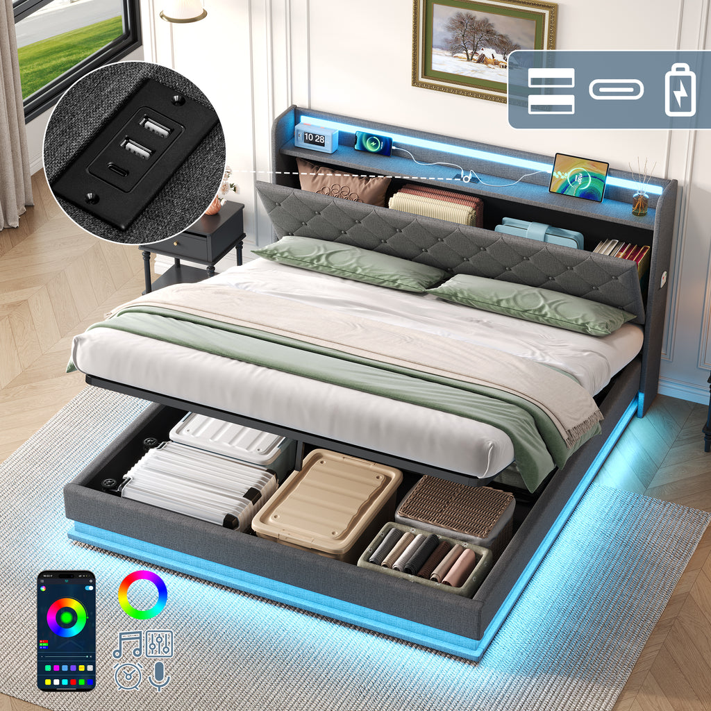 5ft King Upholstered Bed Frame with Hydraulic Storage,  LED Button Tufted Headboard with Charging Station and Concealed Headboard Storage, USB and Type - C Ports, Linen, Grey (No Mattress)