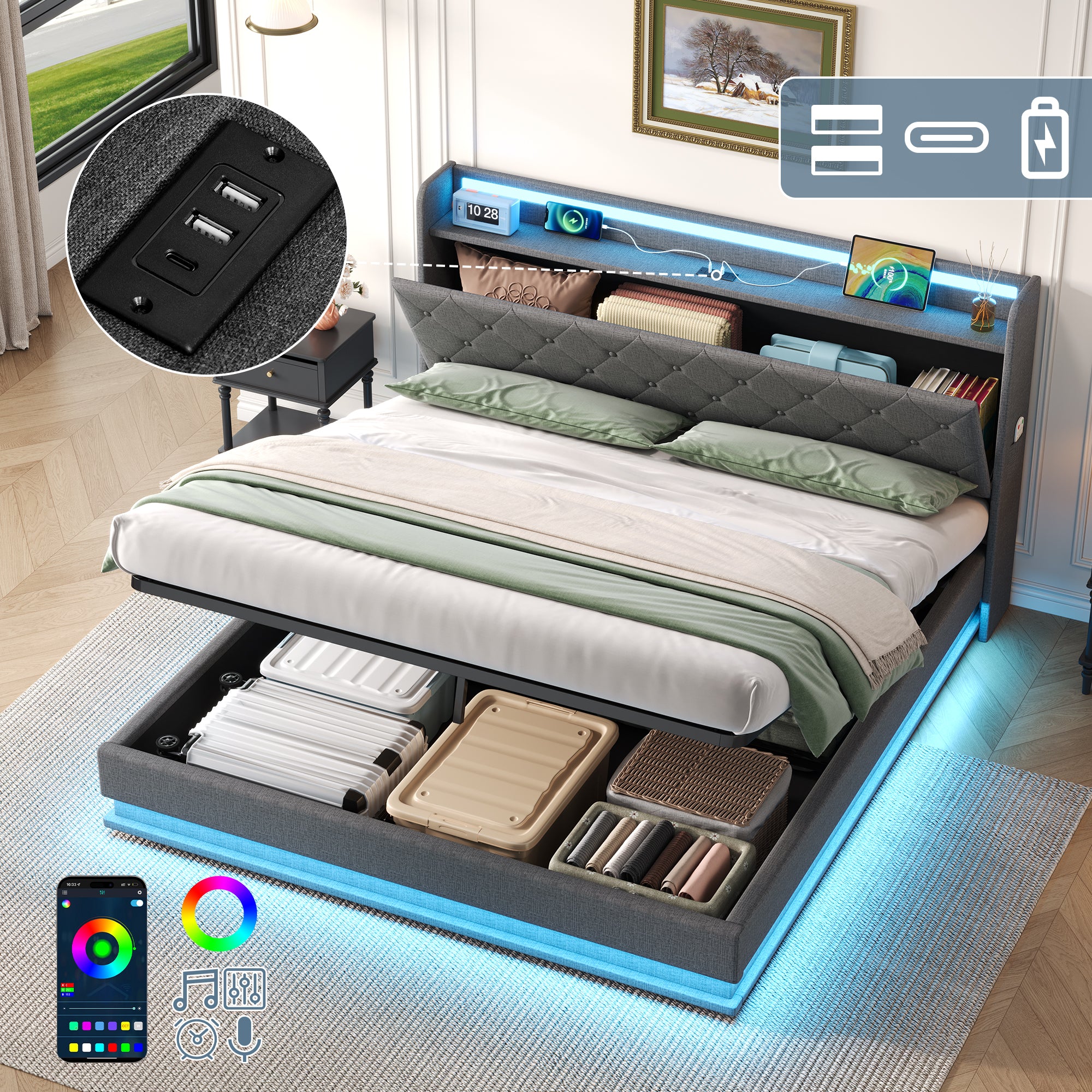 5ft King Upholstered Bed Frame with Hydraulic Storage,  LED Button Tufted Headboard with Charging Station and Concealed Headboard Storage, USB and Type - C Ports, Linen, Grey (No Mattress)