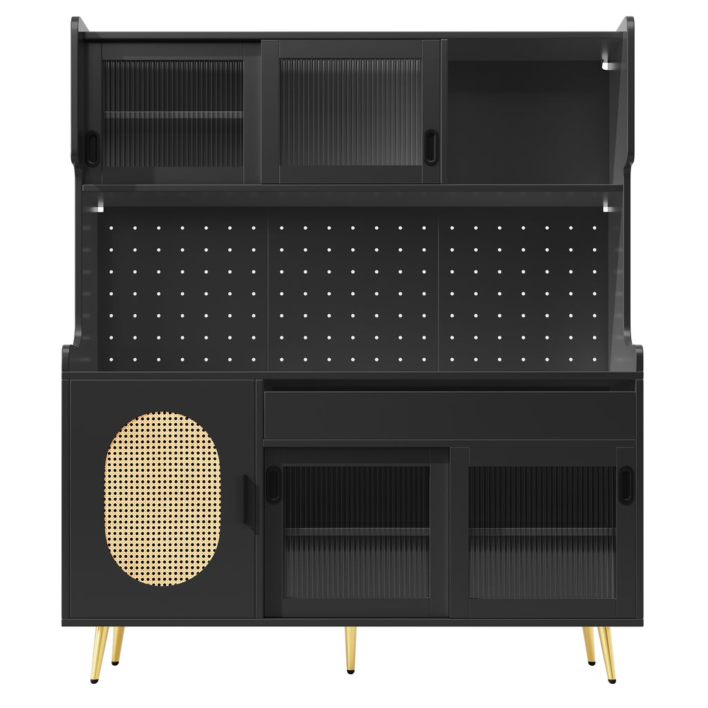 Sideboard / Storage Cabinet / Kitchen Cabinet / Buffet, 145x39x171cm, Country Style, 5 Doors, with LED Light Strip & Pegboard, Fluted Glass Doors, Brown/Black