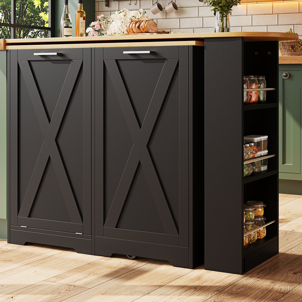 360° Rotating Kitchen Island, Modern Minimalist, Multifunctional Storage Cabinet, Ideal for Bedroom Living Room Dining Room, Swivel Sideboard with Side Shelves, Black Finish, Folding Door Design