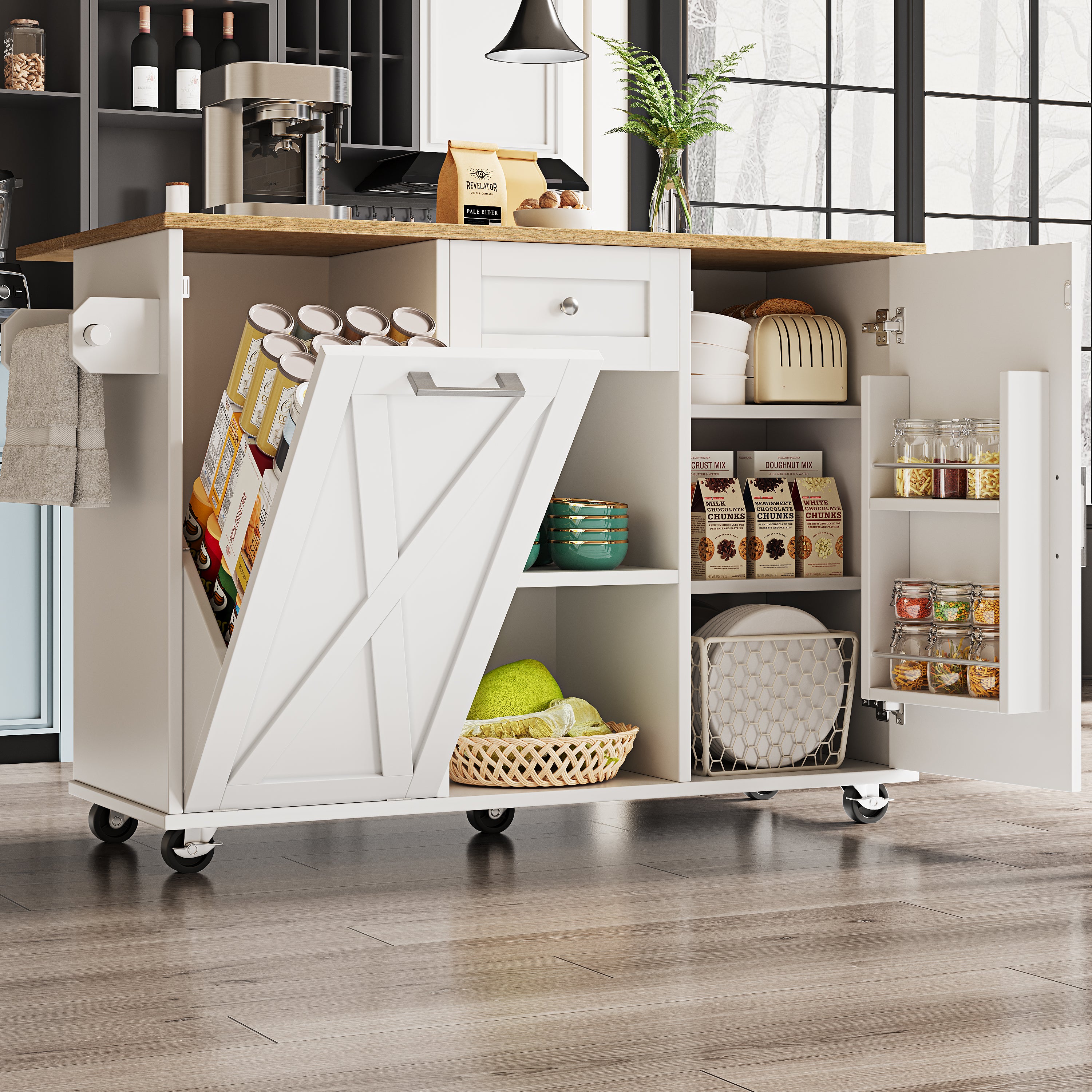 Modern kitchen island,cabinet for rubbish bins, multifunctional dining table with storage space, serving trolley with snack shelves and stretch function cabinets, white(Excluding the dustbin)