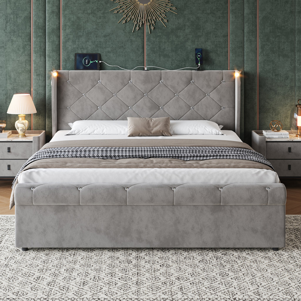 4ft6 Double Upholstered Bed Frame with Hydraulic Storage,  Diamond Tufted Headboard with Charging Station and Reading Light, USB and Type - C Ports, Velvet, Grey (No Mattress)