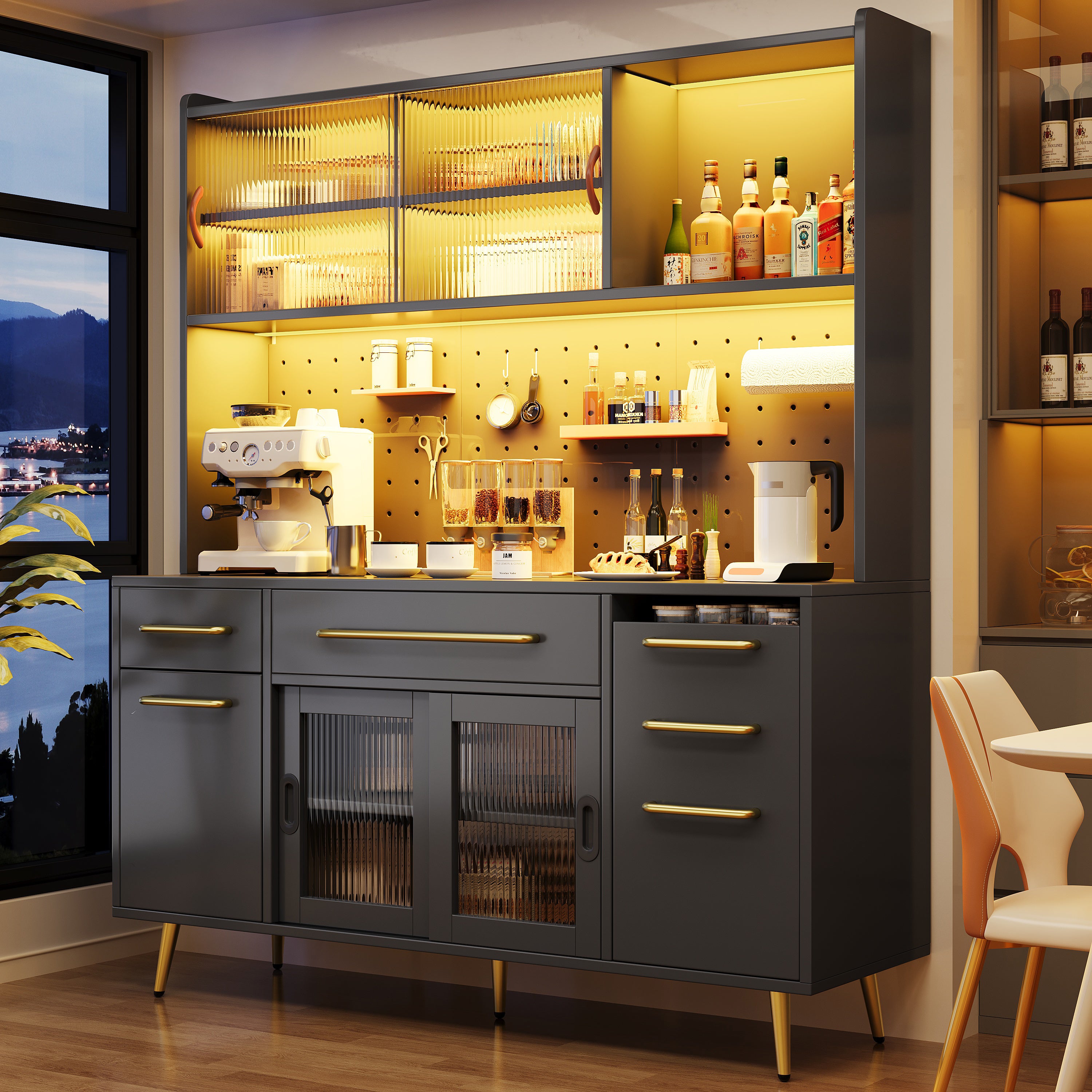 Modern sideboard with LED lighting, tall cabinet for kitchen and living room, storage cabinet with perforated wall, drawer and glass shelves, black