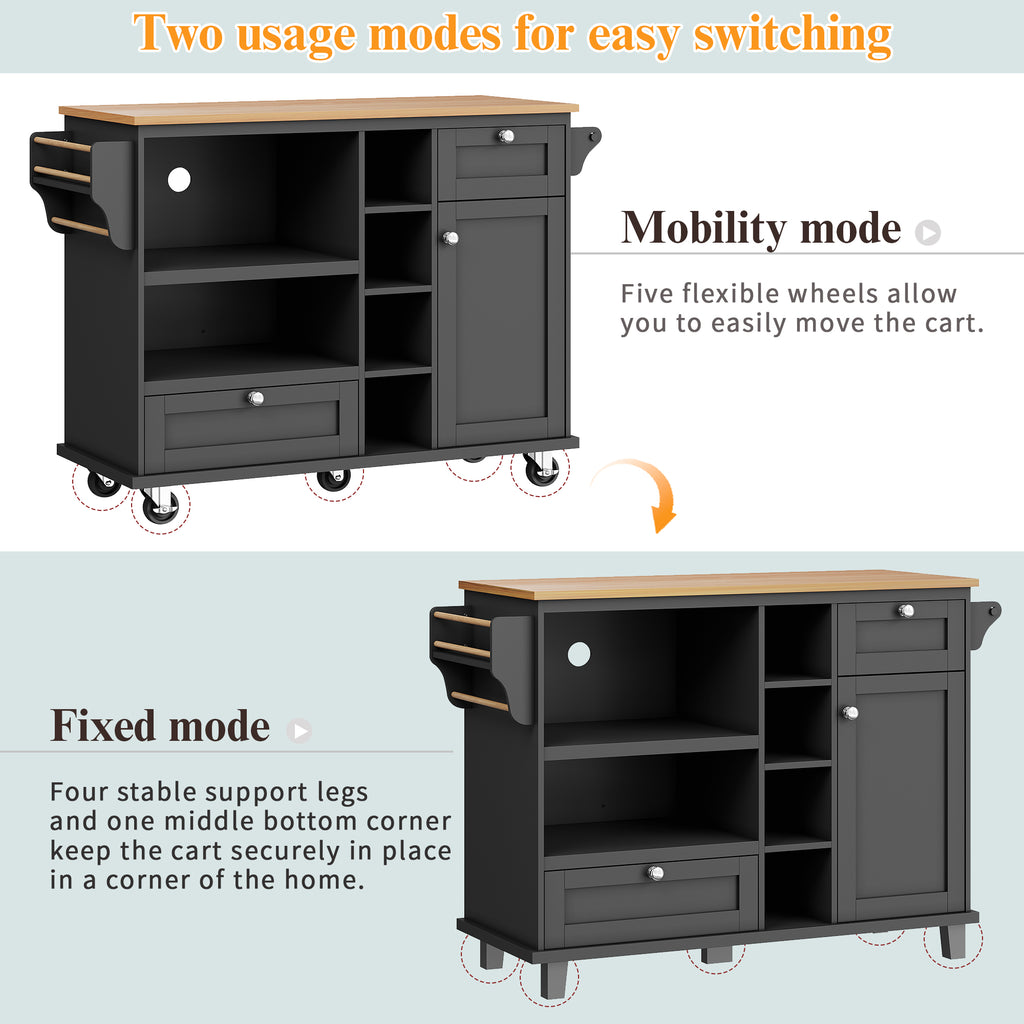 Dining trolley (129 x 46 x 92 cm), modern and simple black mobile kitchen dining trolley with drawers and storage cupboards, light brown wooden worktop, suitable for modern families, black