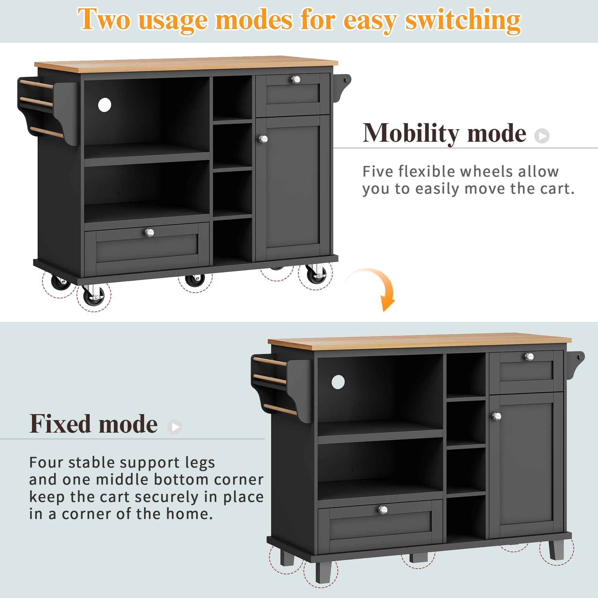 Dining trolley (129 x 46 x 92 cm), modern and simple black mobile kitchen dining trolley with drawers and storage cupboards, light brown wooden worktop, suitable for modern families, black