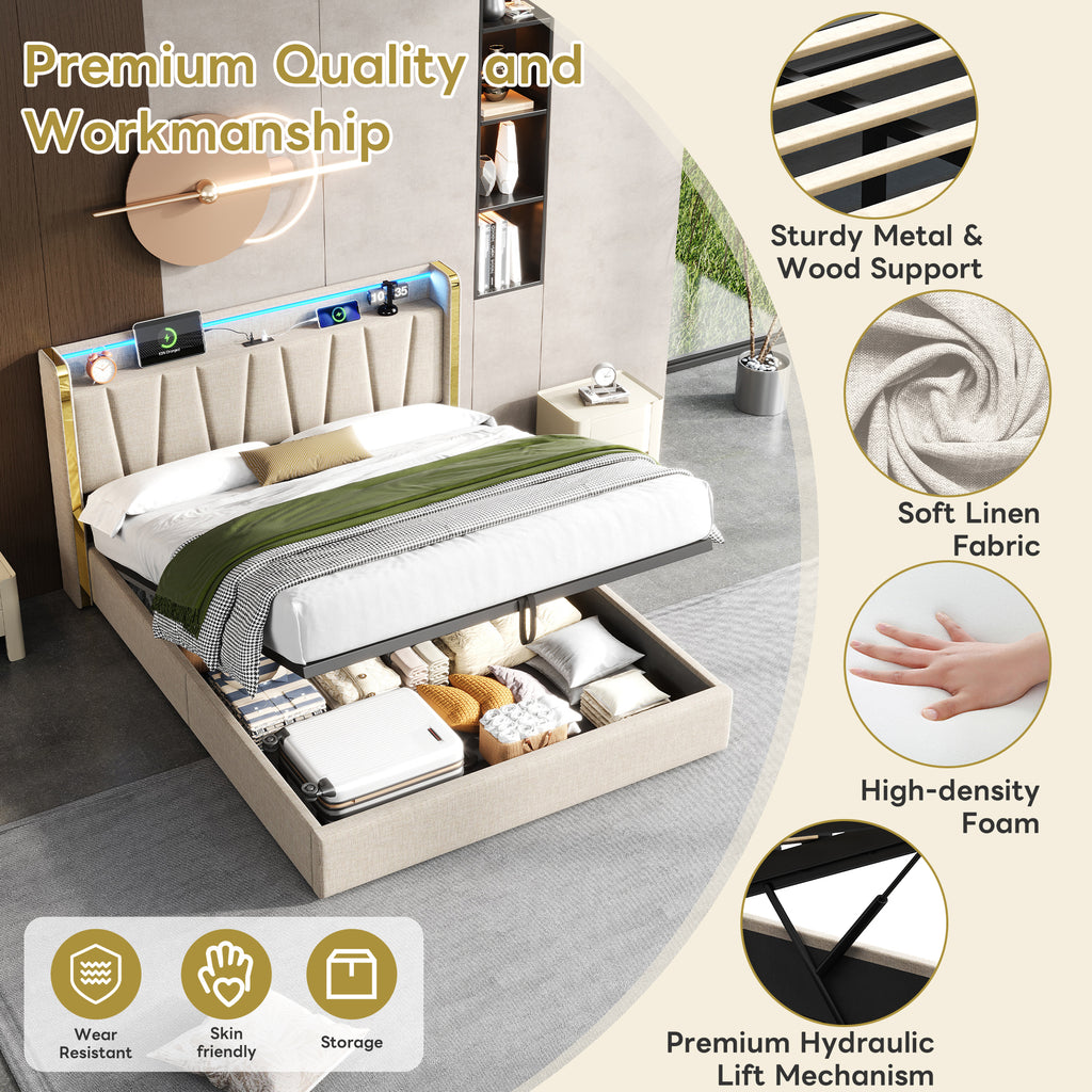 4ft6 Double Upholstered Bed Frame with Hydraulic Storage,  LED Headboard with Charging Station and Chrome Trim, USB and Type - C Ports, Linen, No Box Spring Needed, Beige (No Mattress)