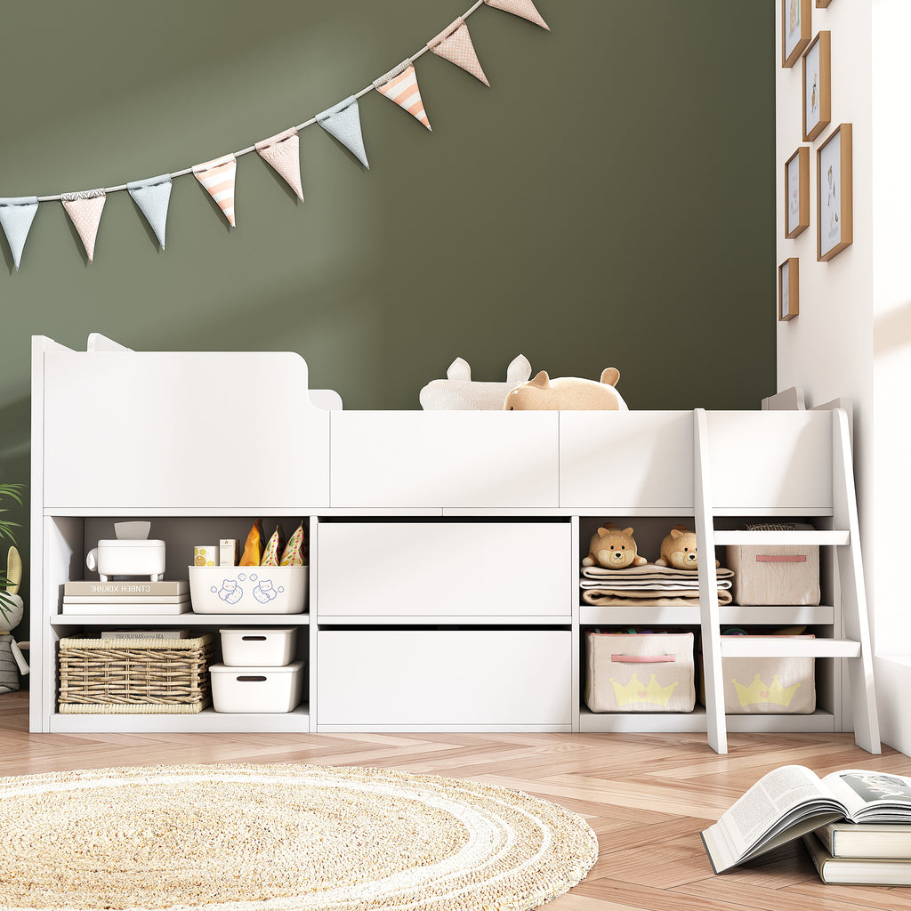 Cabin Bed Mid Sleeper Bed Frame Storage Kids Wooden bed with Drawers Shelf Storage Low Sleeper Bed  3ft Single Children's White Wooden Bed - 3ft Single (90 x 190 cm) Frame Only