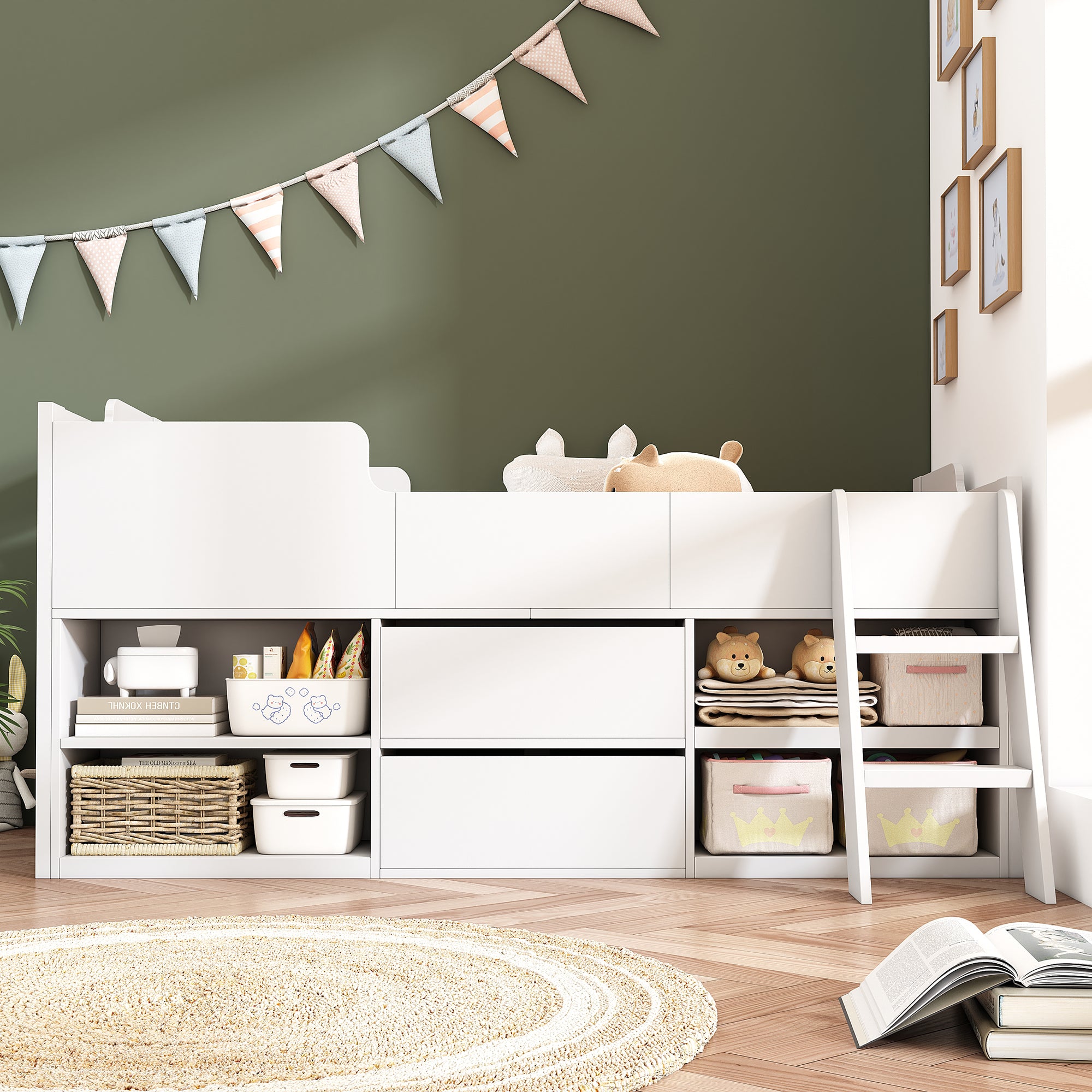 Cabin Bed Mid Sleeper Bed Frame Storage Kids Wooden bed with Drawers Shelf Storage Low Sleeper Bed  3ft Single Children's White Wooden Bed - 3ft Single (90 x 190 cm) Frame Only