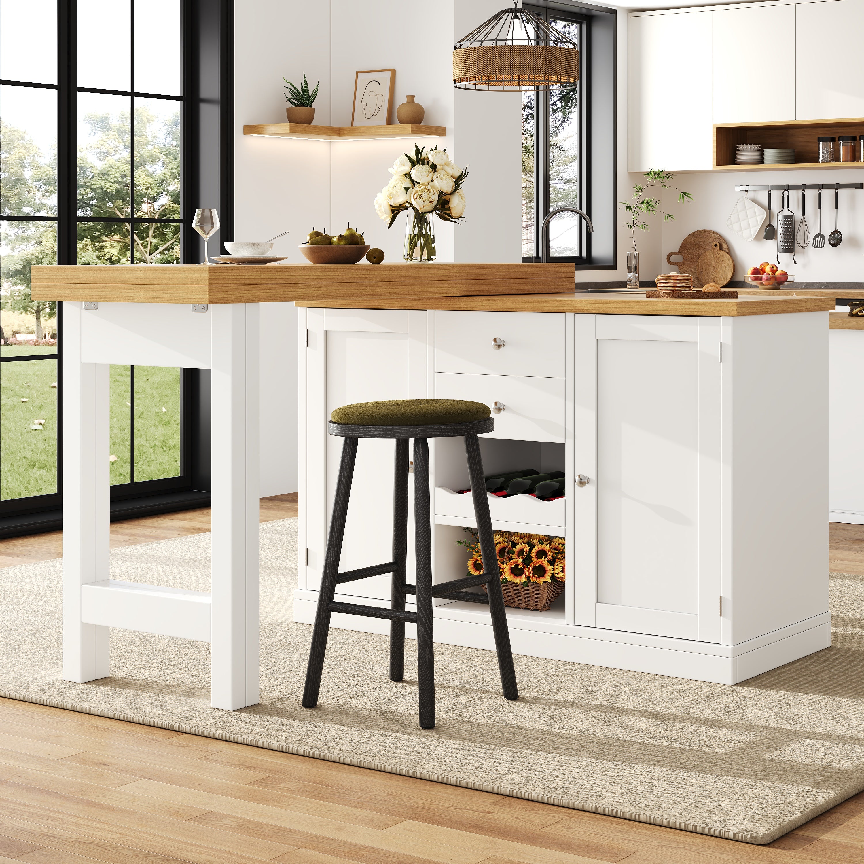 Extendable Sideboard & Dining Table Combo, 2 Drawers & Snack rack, Space-Saving Sideboard for Small Flats, White/Black