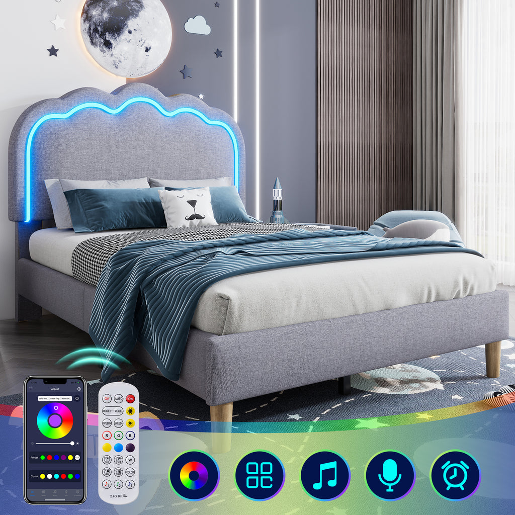 Upholstered Bed, 3ft 90x190cm Single Bed with LED, Bed Frame with Wooden Slats and Adjustable Height Headboard, Teen Bed for Bedroom and Guest Room, Grey, Linen Material, Without Mattress.