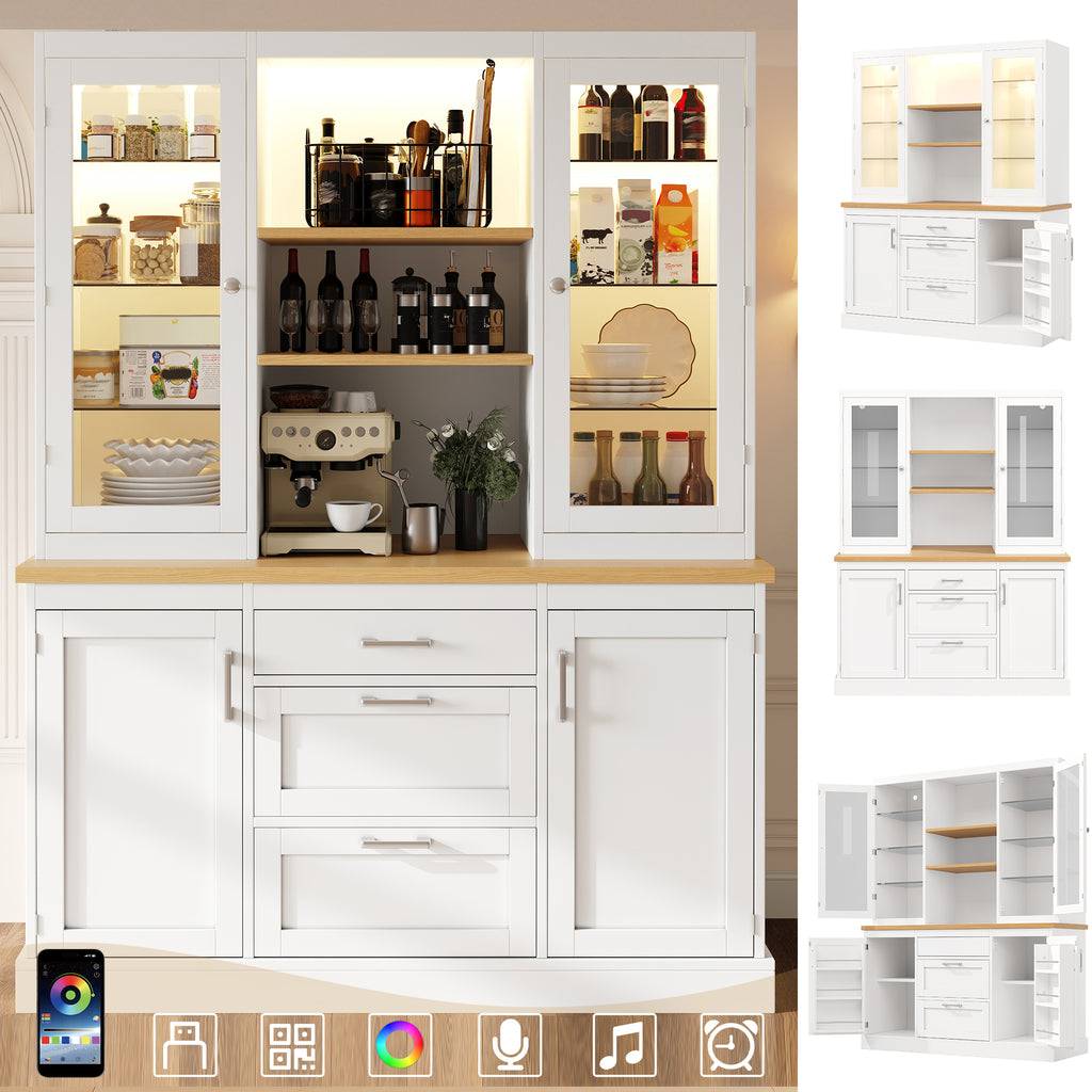 Kitchen Pantry Cabinet with App-Controlled LED Lights, 185cm Tall Storage Cabinet with Glass Doors, Drawers & Worktop, White