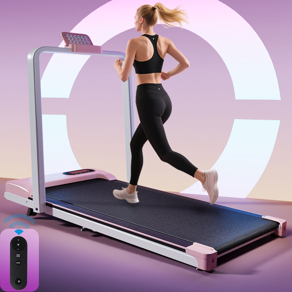 Folding Treadmill with Handrail & Adjustable Incline, 1-10 km/h Running Machine, Space Saving Low Noise Design, LED Display, Phone Holder, Remote Control, Transport Wheels & Plug, Pink.