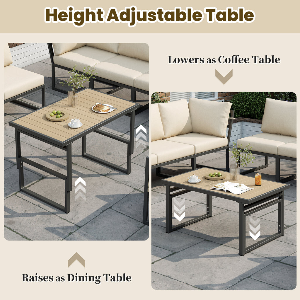 6-7 Seater Garden Furniture Set with Height Adjustable Rising Coffee Table, Corner Sofa with Polyester Rope, Weatherproof Outdoor Patio Dining Lounge Set for Balcony and Terrace, Beige