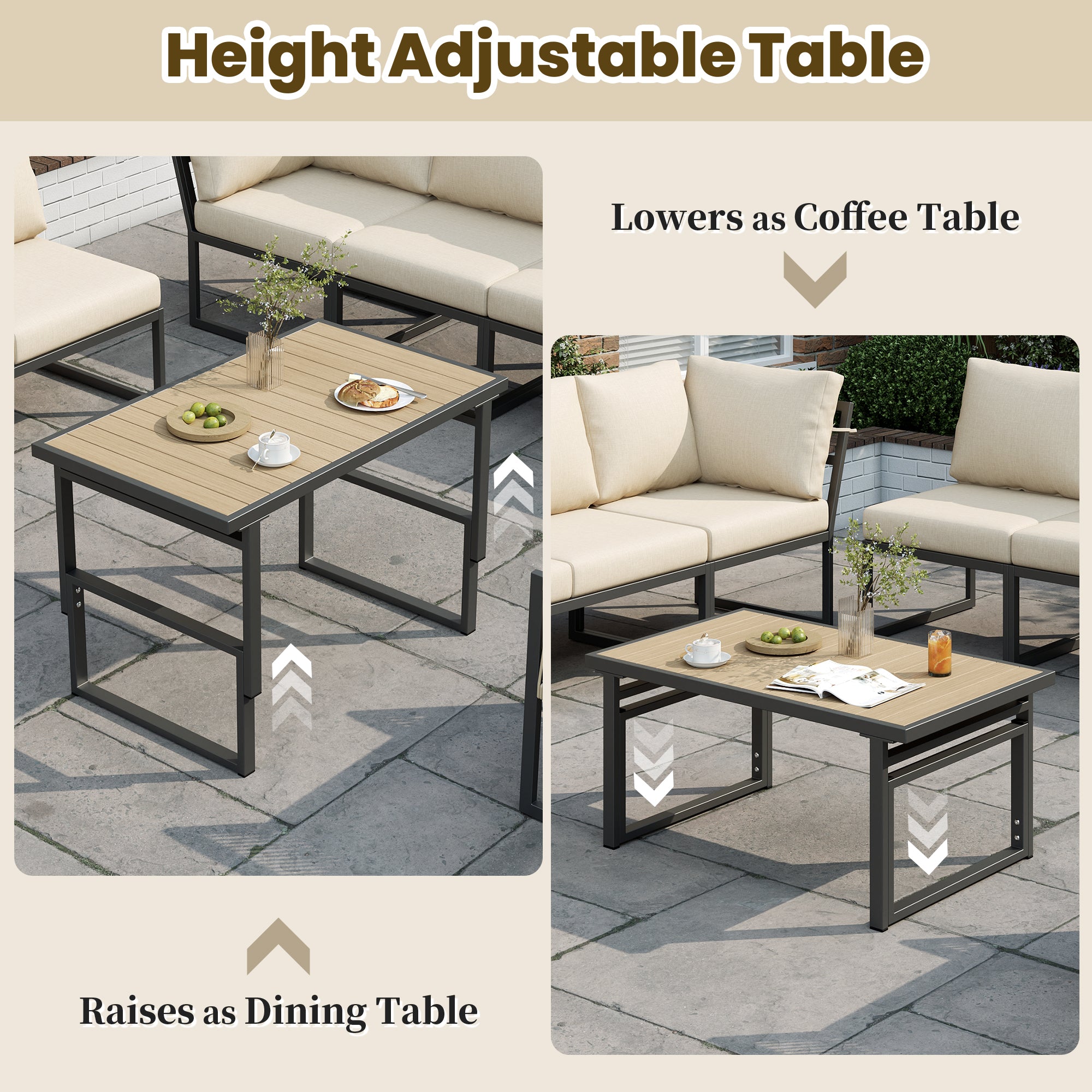 6-7 Seater Garden Furniture Set with Height Adjustable Rising Coffee Table, Corner Sofa with Polyester Rope, Weatherproof Outdoor Patio Dining Lounge Set for Balcony and Terrace, Beige