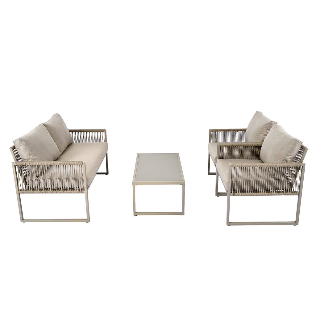 Outdoor Patio&Backyard Furniture Garden Lounge Set for 4 people, Thick Quality Space Saving Sofa with Glass Coffee Table, Khaki
