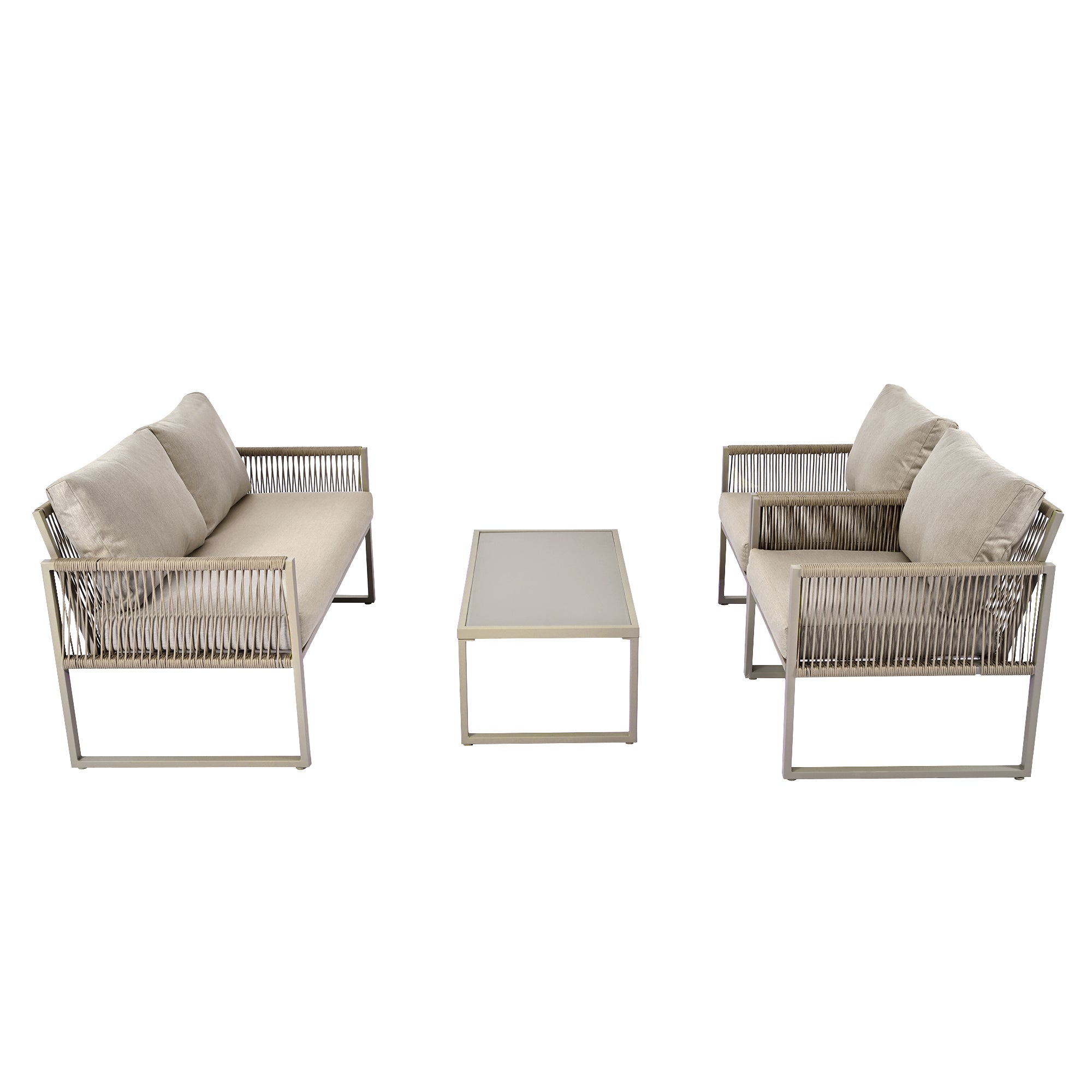 Outdoor Patio&Backyard Furniture Garden Lounge Set for 4 people, Thick Quality Space Saving Sofa with Glass Coffee Table, Khaki