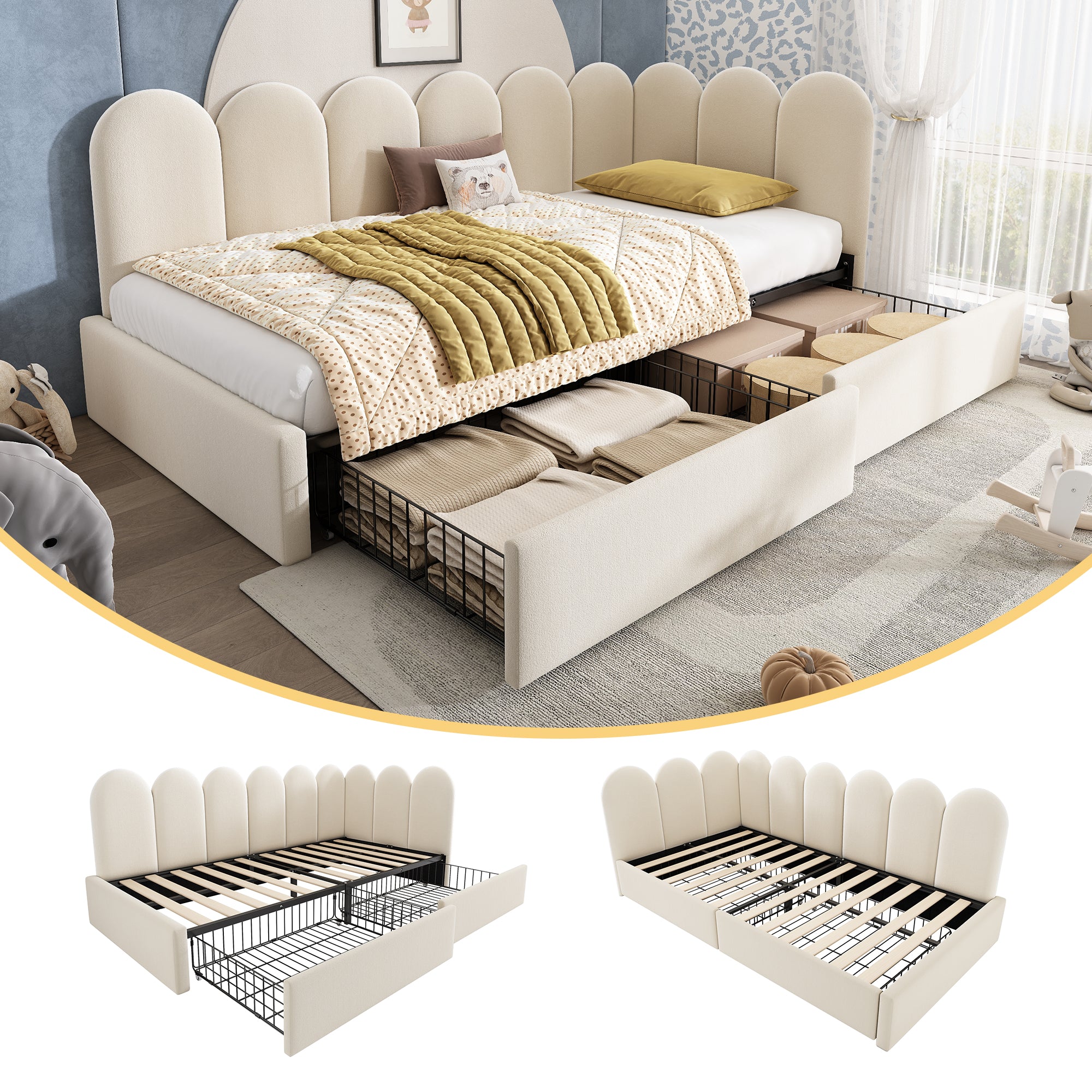 Upholstered Bed for Kids Daybed with Drawer Storage, 3FT Single Sofa Bed 90 x 190 cm, Sofa Bed for Adults and Children, Bed Frame with Slatted Frame, Velvet, Beige (No Mattress)