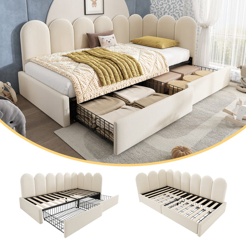 Upholstered Bed for Kids Daybed with Drawer Storage, 3FT Single Sofa Bed 90 x 190 cm, Sofa Bed for Adults and Children, Bed Frame with Slatted Frame, Velvet, Beige (No Mattress)