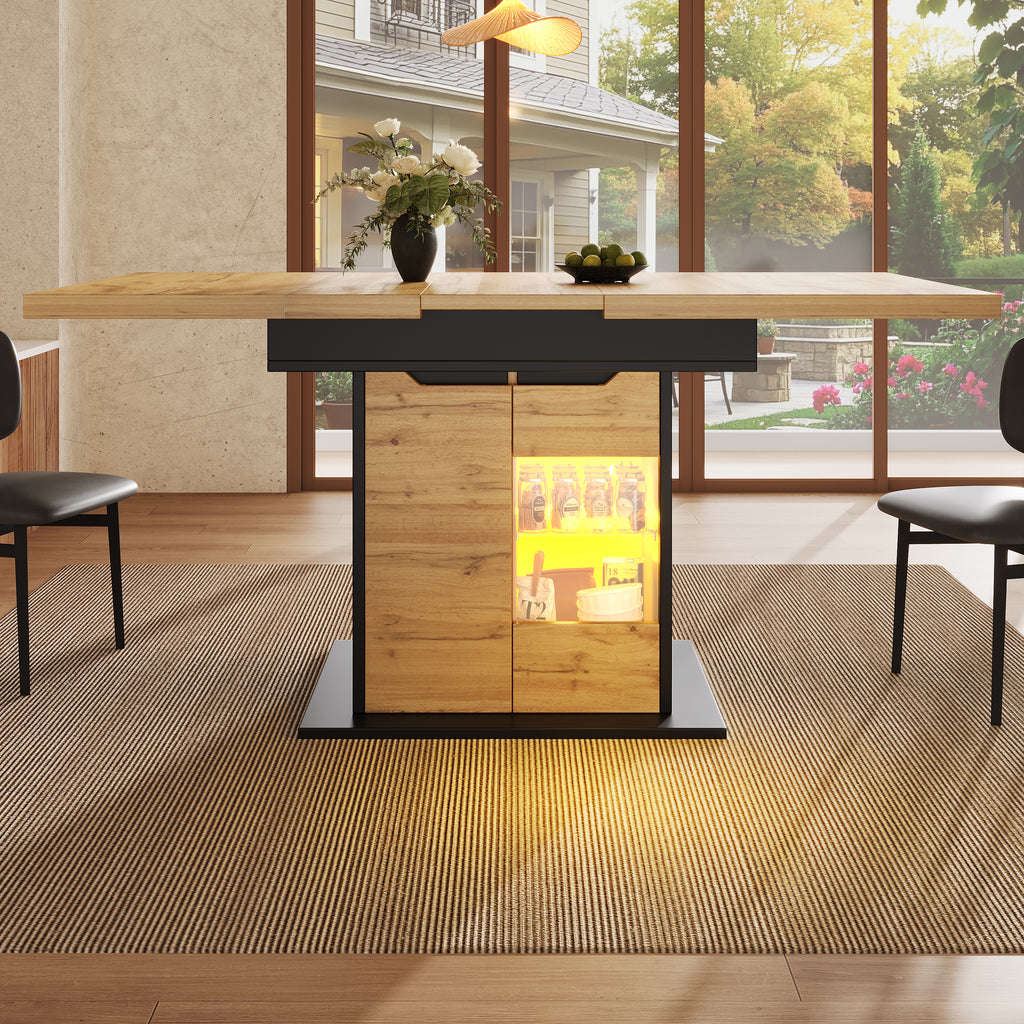 Telescopic dining table (110-140×80cm), foldable kitchen table for 4-6 people, extendable dining table, space-saving kitchen table, table with LED lighting and snack shelf, cabinet doors