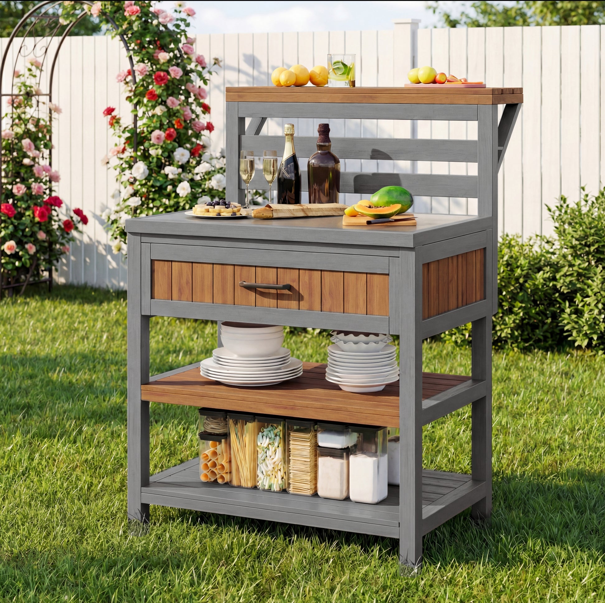 Wooden outdoor garden cabinet, outdoor cabinet with stainless steel worktop & large drawer, barbecue station with double shelf, tilt-proof design, weather-resistant kitchen cabinet for patios