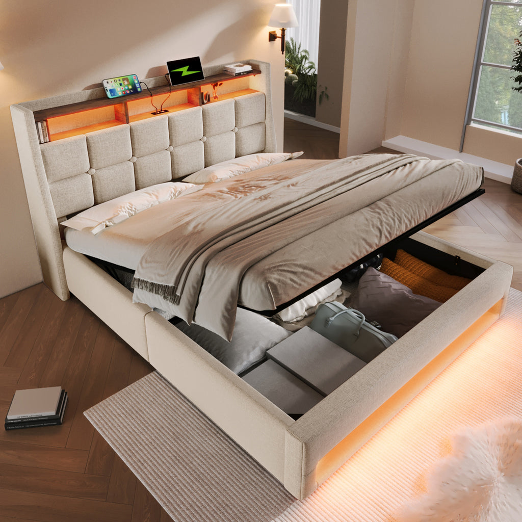 Upholstered Bed 150 x 200 cm with LED Lighting, USB Type-C Charging Function, Storage Headboard, 5FT King Size Storage Bed Frame with Metal Slatted Frame, Linen, Beige (No Mattress)