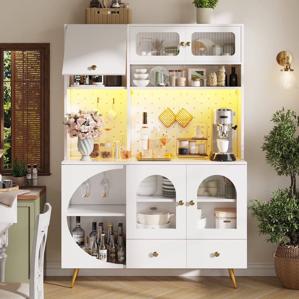 Tall Kitchen Cabinet with LED Lights & USB Ports, Modern Sideboard Storage Cabinet with Power Outlets, Perforated Wall, Drawer & Glass Shelves, for Kitchen & Living Room, 120x40x176 cm, White