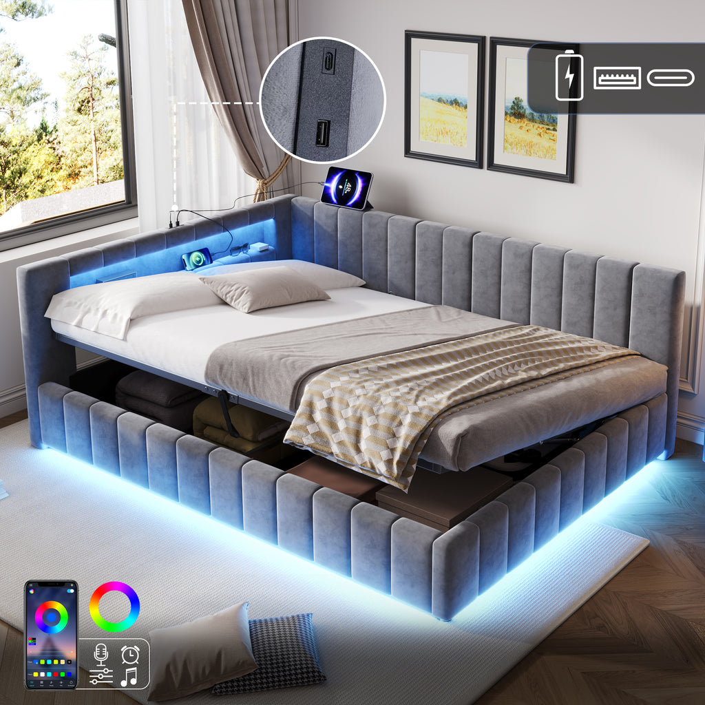 4ft6 Double Velvet Side Hydraulic Storage Bed with Smart RGB LED Lights & Charging Station, Side Opening Ottoman Bed Frame with Type-C & USB Ports, Channel Tufted, Grey(No Mattress)