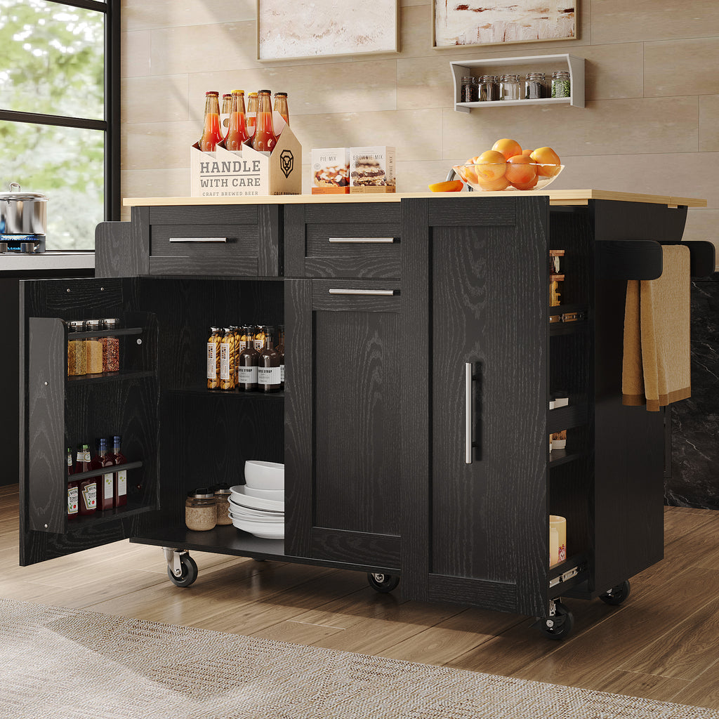 Modern kitchen island, kitchen cabinet, buffet cabinet, dining cart with wood grain, dining table with storage space, dining cart with snack shelves and stretch function cabinets, black