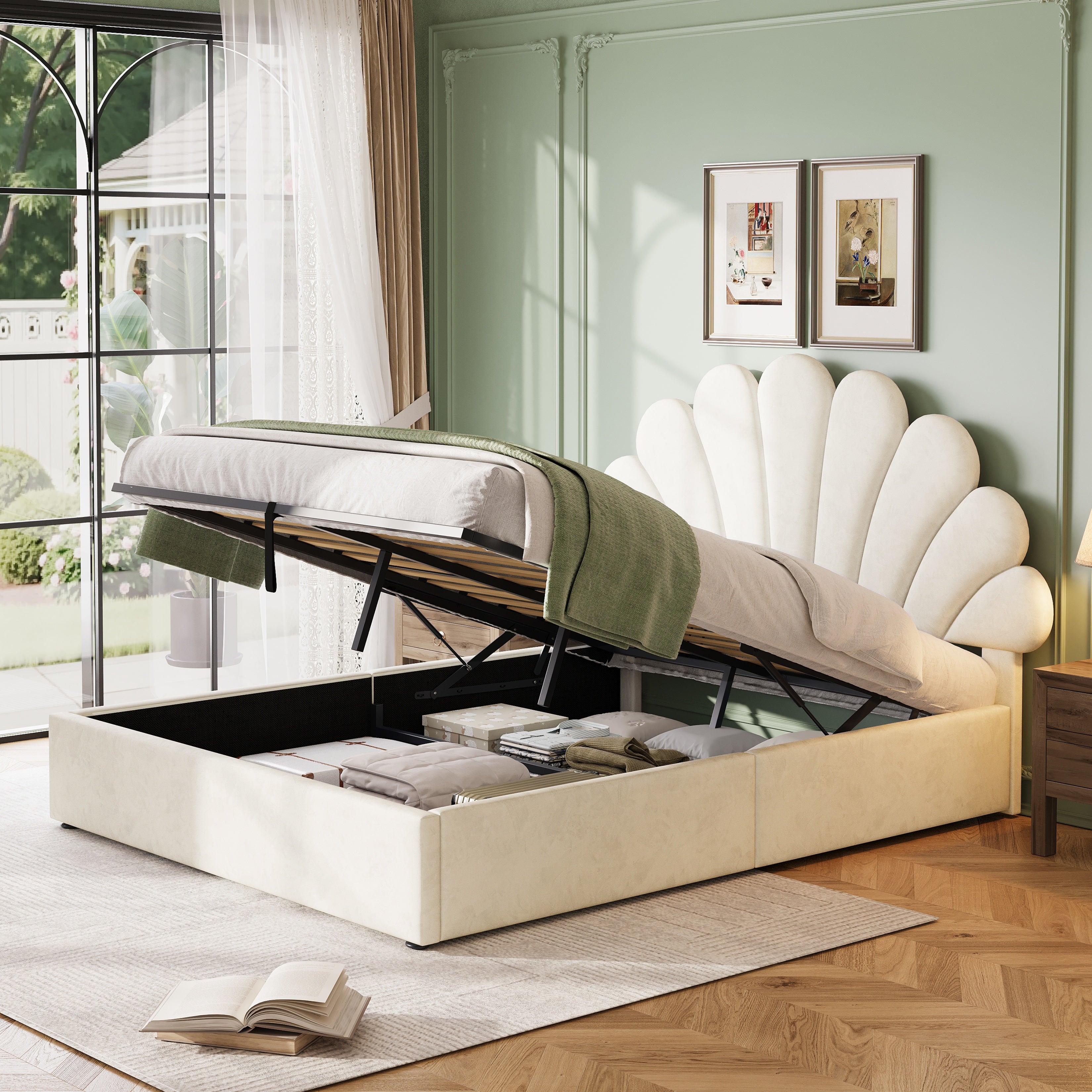 4ft6 Double Upholstered Hydraulic Bed with Adjustable Chic Petal Headboard, Soft Velvet Bed Frame with Hydraulic Storage, Petal Bed with Solid Wood Slat, No Box Spring Needed, Beige (No Mattress)