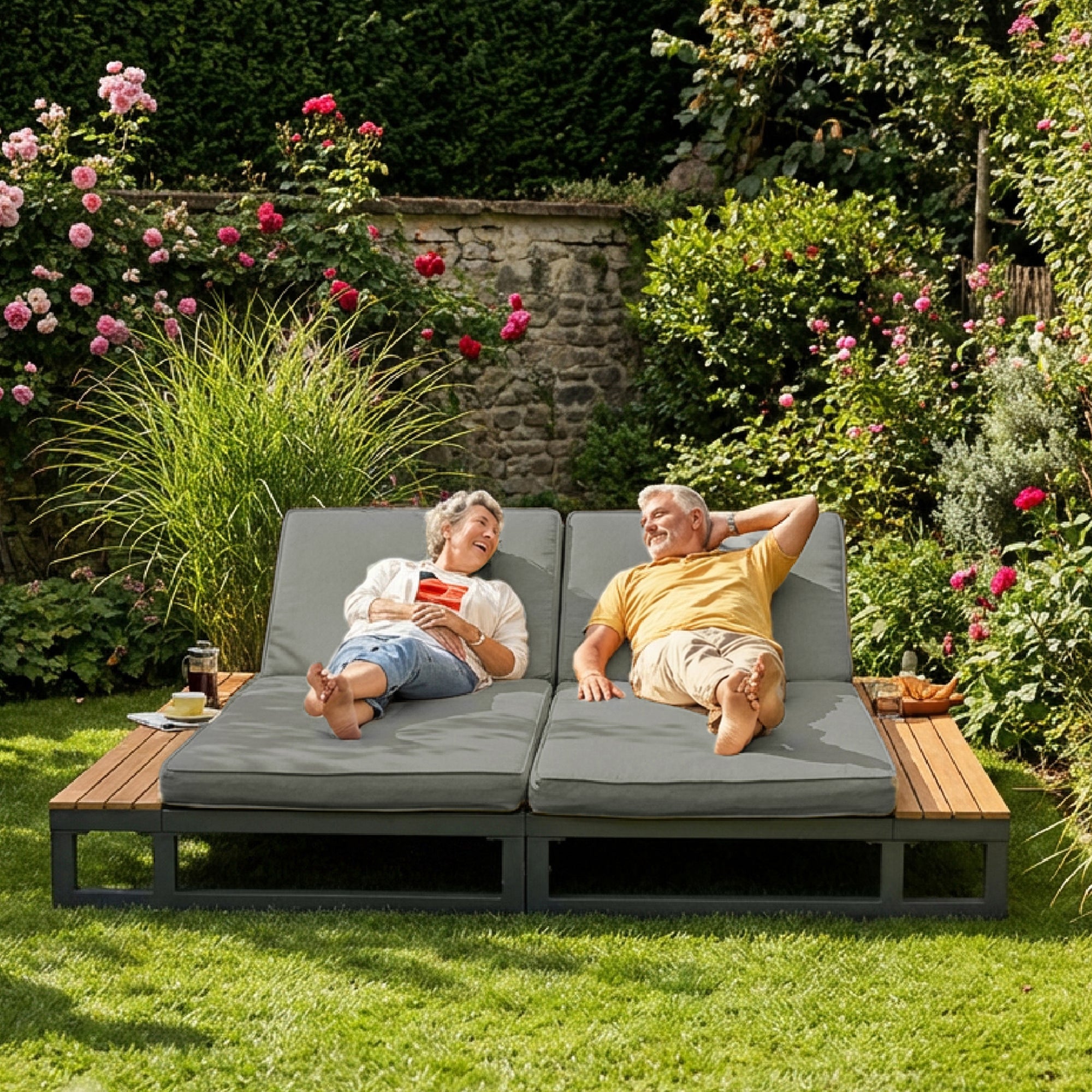 Outdoor Patio Daybed, Outdoor Lounger, Multifunctional Waterproof Sofa Bed, Sun Lounger for Patio, Adjustable Backrest Angle, Gray, Double Lounge Bed