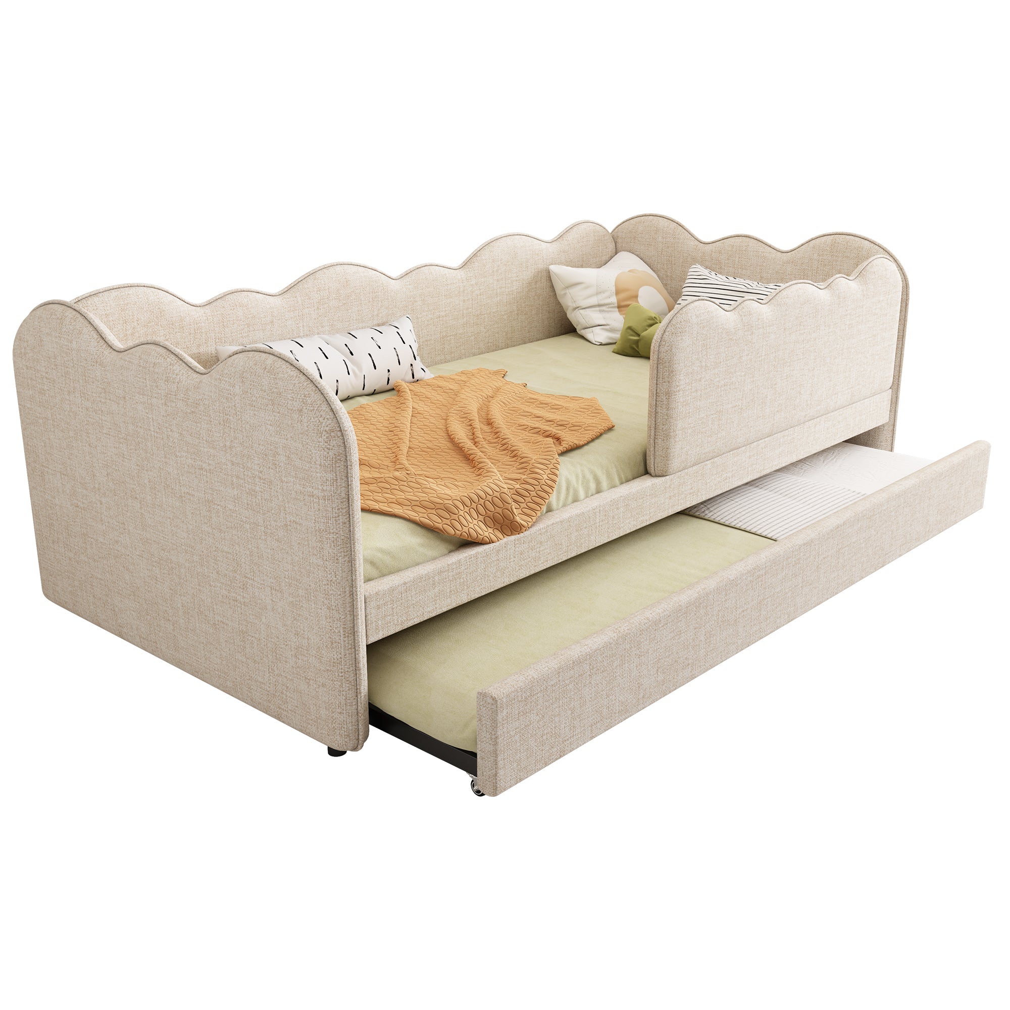 Upholstered Bed Daybed 90 x 190 cm, 3FT Single Bed with Pull out Trundle, Sofa Bed For Adults and Children, Single Daybed With Slatted Frame, Linen, Beige (No Mattress)