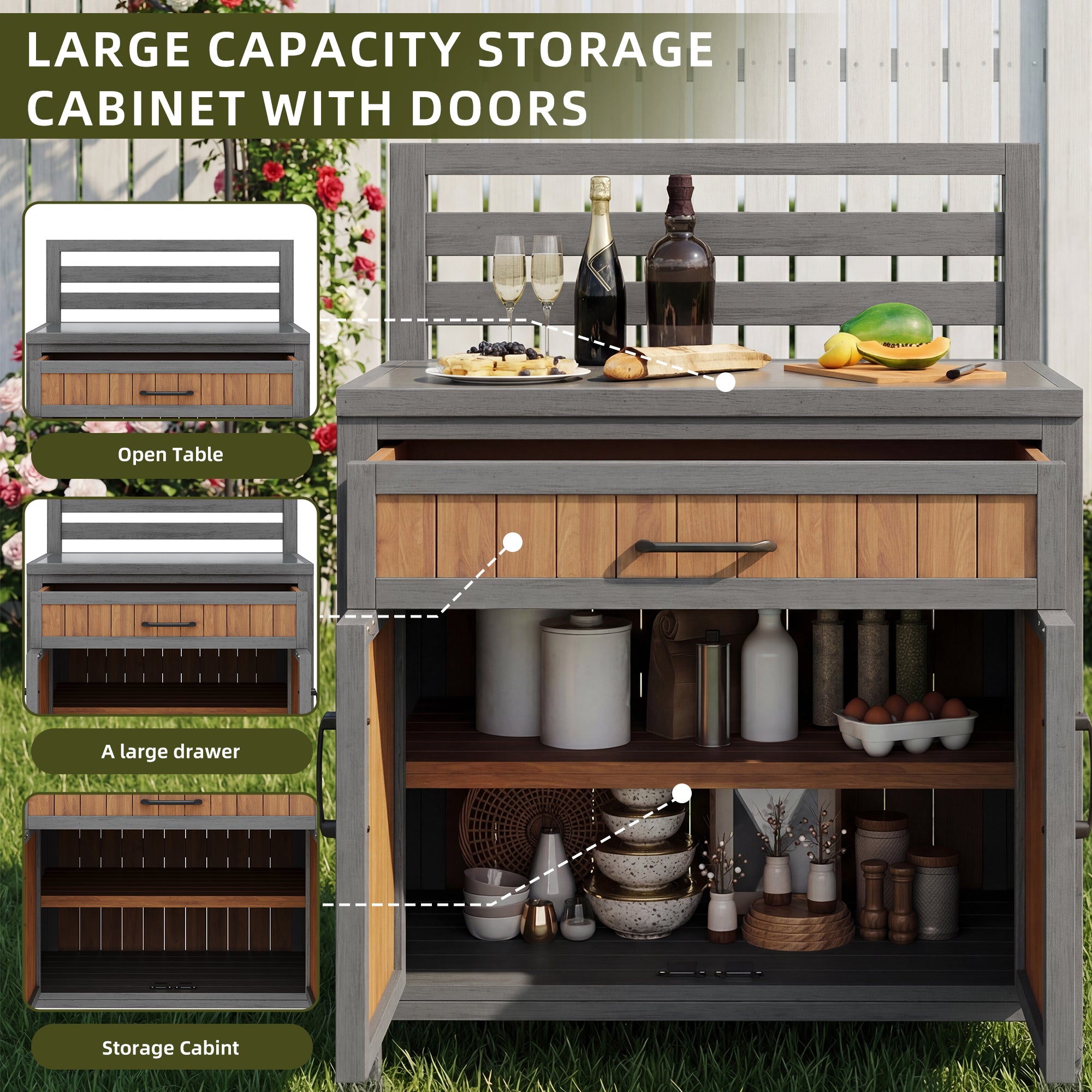 Wooden garden cabinet, weatherproof outdoor storage cabinet, outdoor cupboard with large work surface & drawer, grill station with adjustable shelves, weatherproof kitchen cabinet for patio, balcony