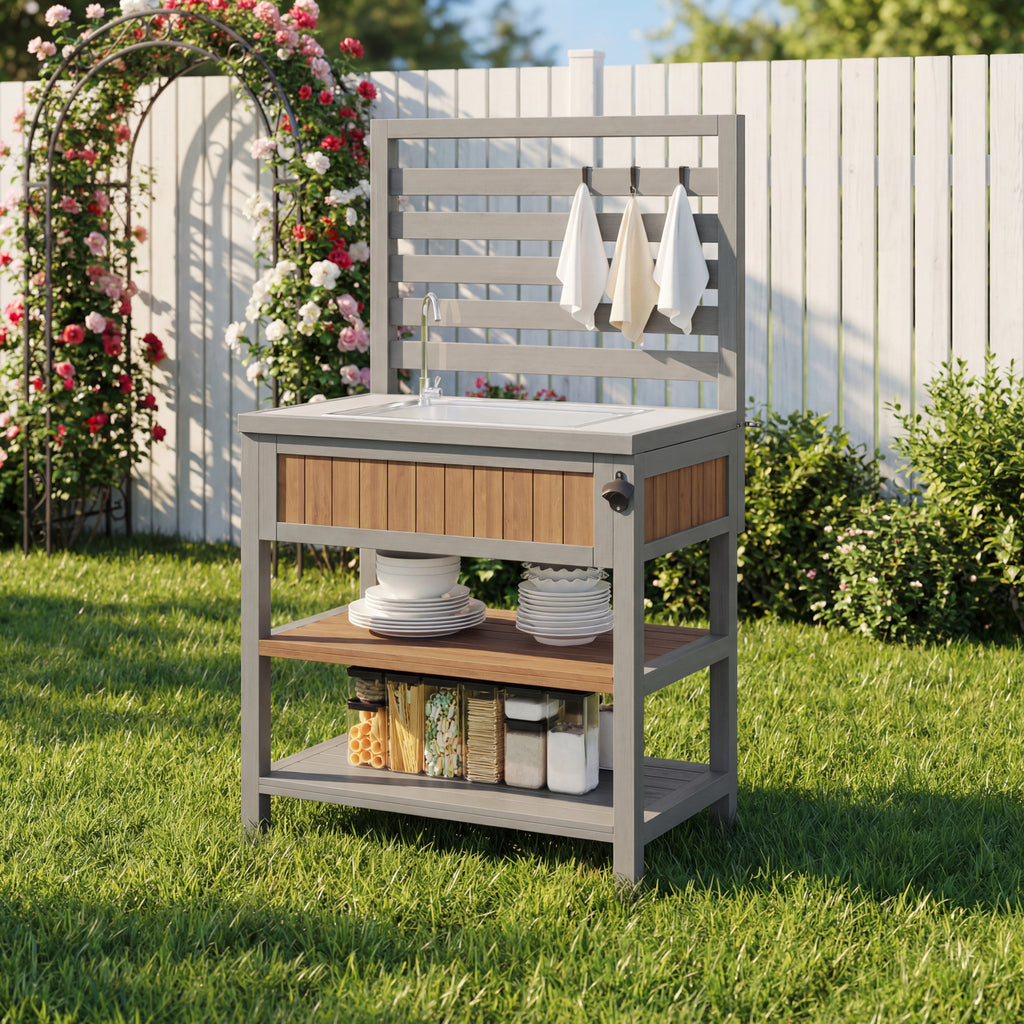 Garden cabinet with water basin & tap and integrated bottle opener – weatherproof tool cabinet with large work surface & drawer, grill station with adjustable shelves, outdoor kitchen cabinet