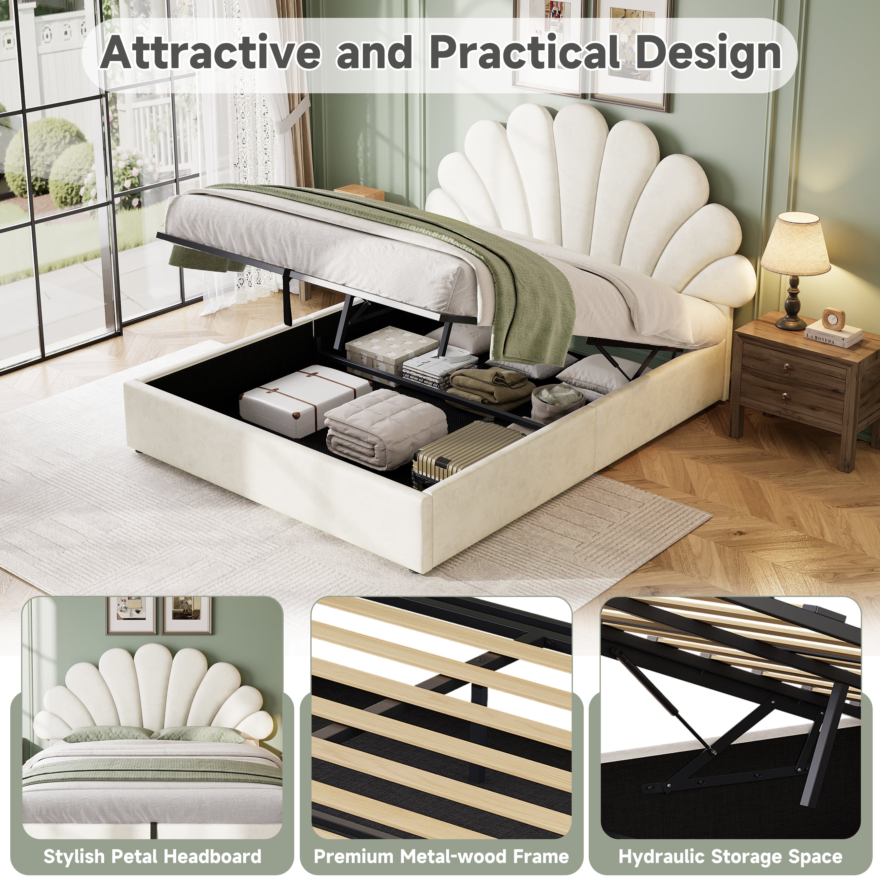4ft6 Double Upholstered Hydraulic Bed with Adjustable Chic Petal Headboard, Soft Velvet Bed Frame with Hydraulic Storage, Petal Bed with Solid Wood Slat, No Box Spring Needed, Beige (No Mattress)