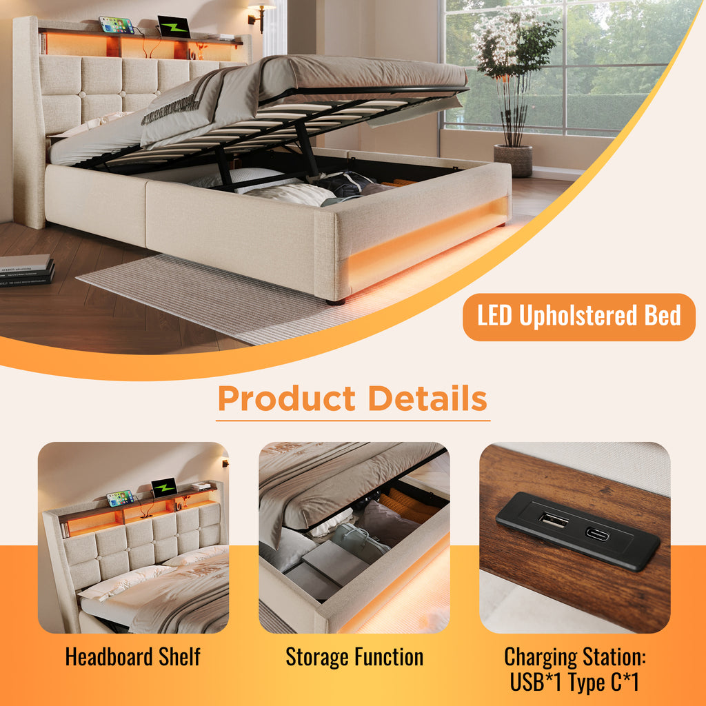 Upholstered Bed 150 x 200 cm with LED Lighting, USB Type-C Charging Function, Storage Headboard, 5FT King Size Storage Bed Frame with Metal Slatted Frame, Linen, Beige (No Mattress)