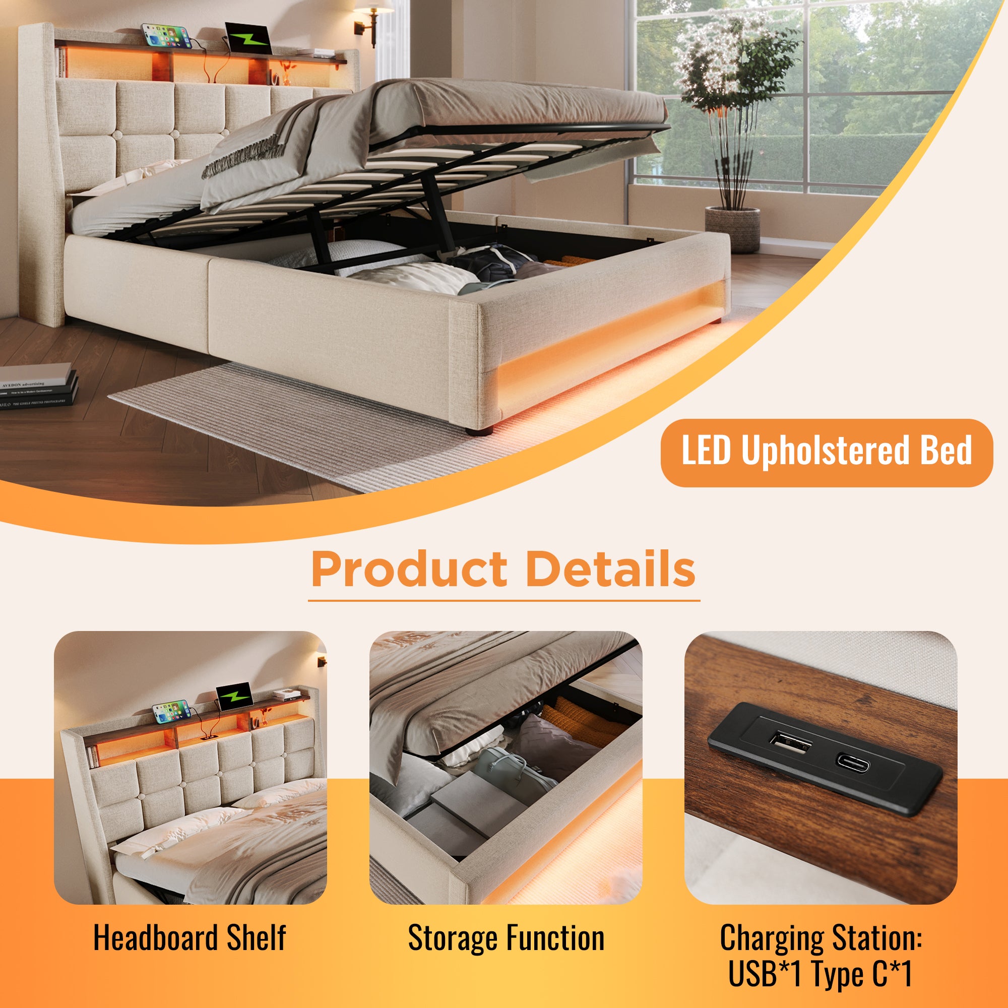 Upholstered Bed 150 x 200 cm with LED Lighting, USB Type-C Charging Function, Storage Headboard, 5FT King Size Storage Bed Frame with Metal Slatted Frame, Linen, Beige (No Mattress)