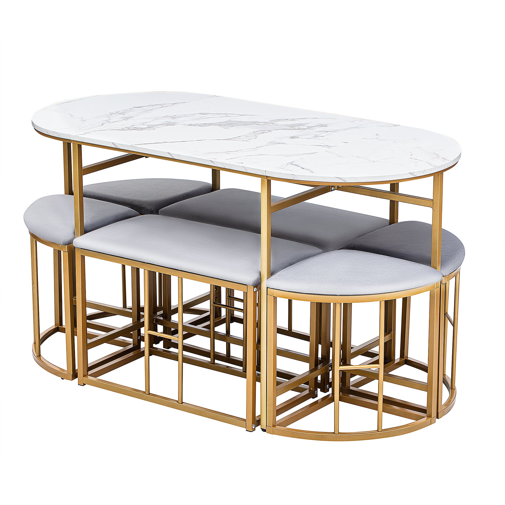 Dining group, (set, with dining table, 4 small stools and 2 large stools), kitchen dining table set made of steel frame, modern white and gold, 140*70*76cm, load capacity 120 kg