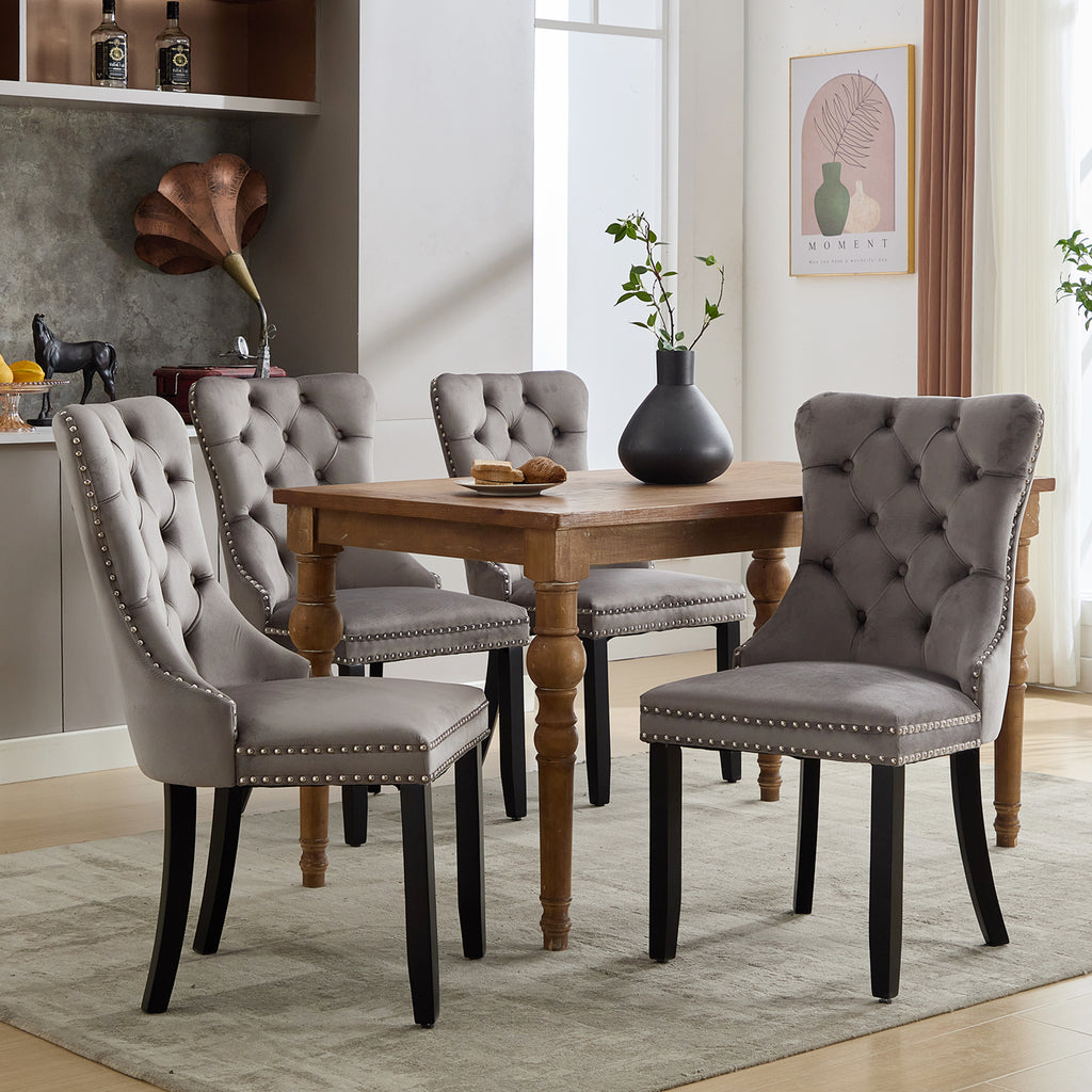 Modern Set of 4 Upholstered Velvet Dining Chairs, Button Tufted Kitchen Lounge Chairs with Solid Wood Legs, Riveted Trim and Knocker Ring, for Dining Room Living Room, Grey