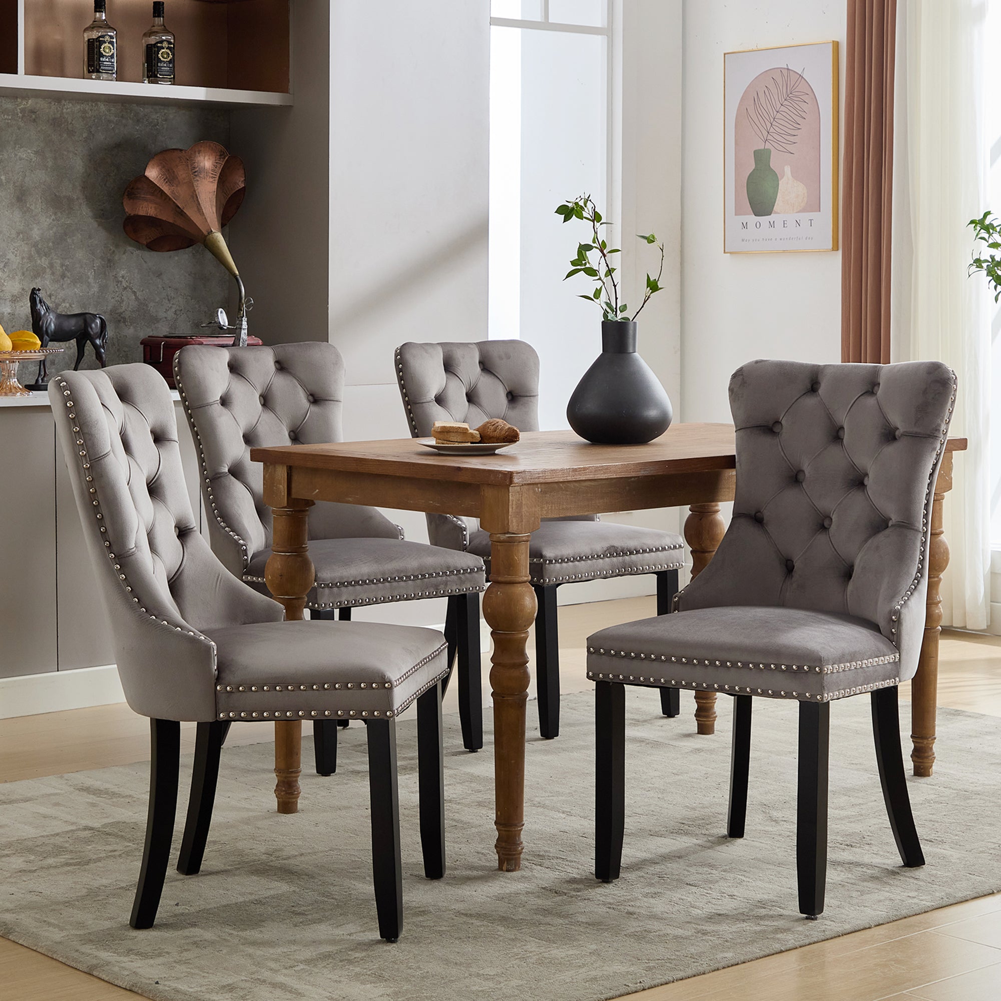 Modern Set of 4 Upholstered Velvet Dining Chairs, Button Tufted Kitchen Lounge Chairs with Solid Wood Legs, Riveted Trim and Knocker Ring, for Dining Room Living Room, Grey