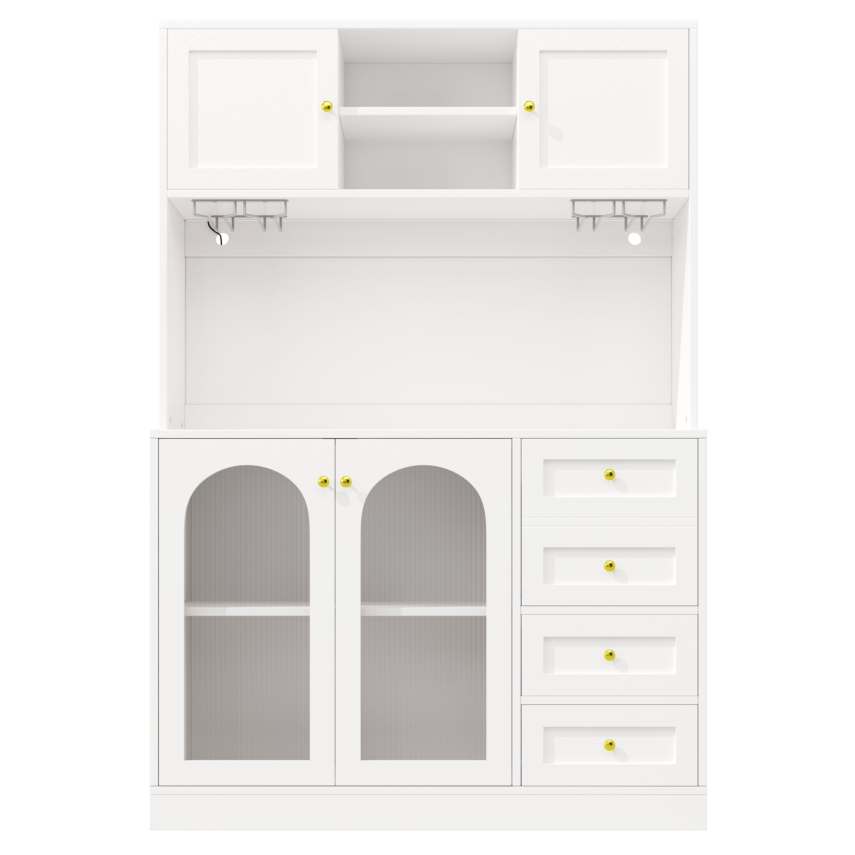 Sideboard / Storage Cabinet / Kitchen Cabinet / Buffet Cabinet, 120x40x188cm, Farmhouse Style, 4 Doors, with LED Light Strip & Drink Holders, Black/White (Fluted Glass Doors)