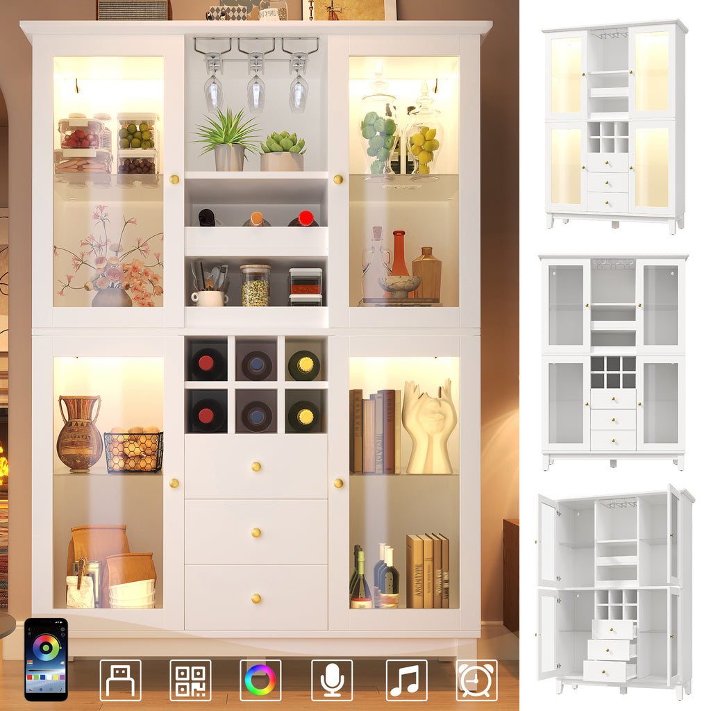 Wine Cabinet with App-Controlled LED Lights, 180.5cm Tall Storage Cabinet with Glass Doors, 3 Drawers, Wine Rack & Glass Holder, White