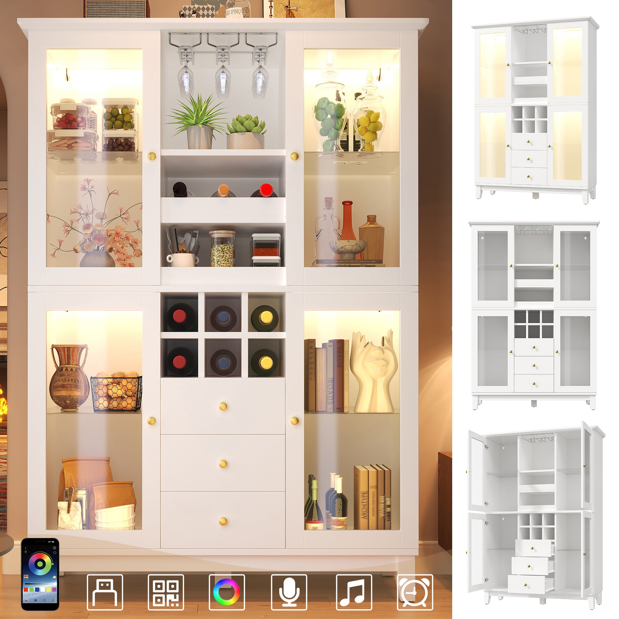 Wine Cabinet with App-Controlled LED Lights, 180.5cm Tall Storage Cabinet with Glass Doors, 3 Drawers, Wine Rack & Glass Holder, White