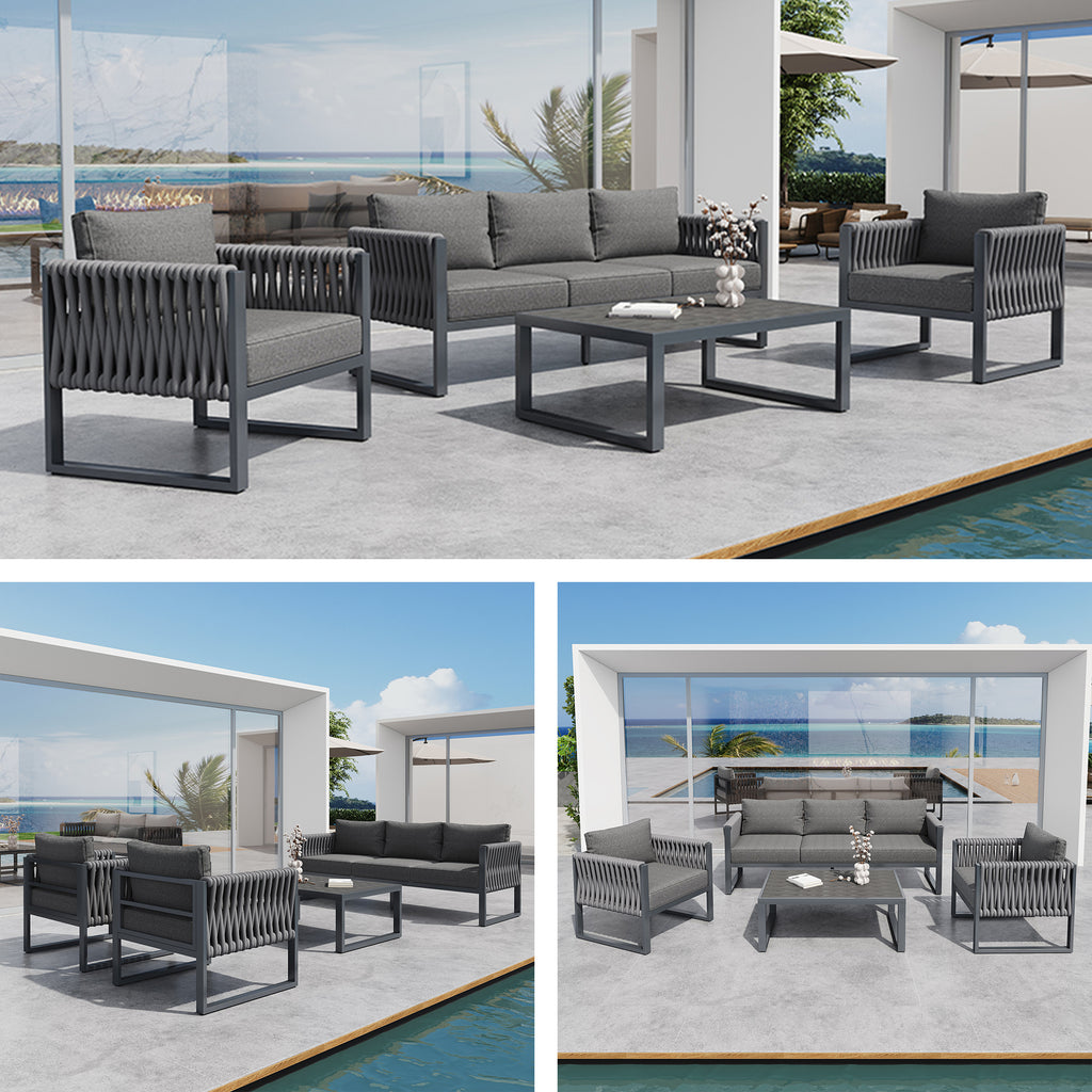 Garden Furniture Set Outdoor Sofa 5-Seater, Garden Lounge Set with Adjustable Feet, Cushions and Stainless Metal Frame for Balcony Terrace, Gray