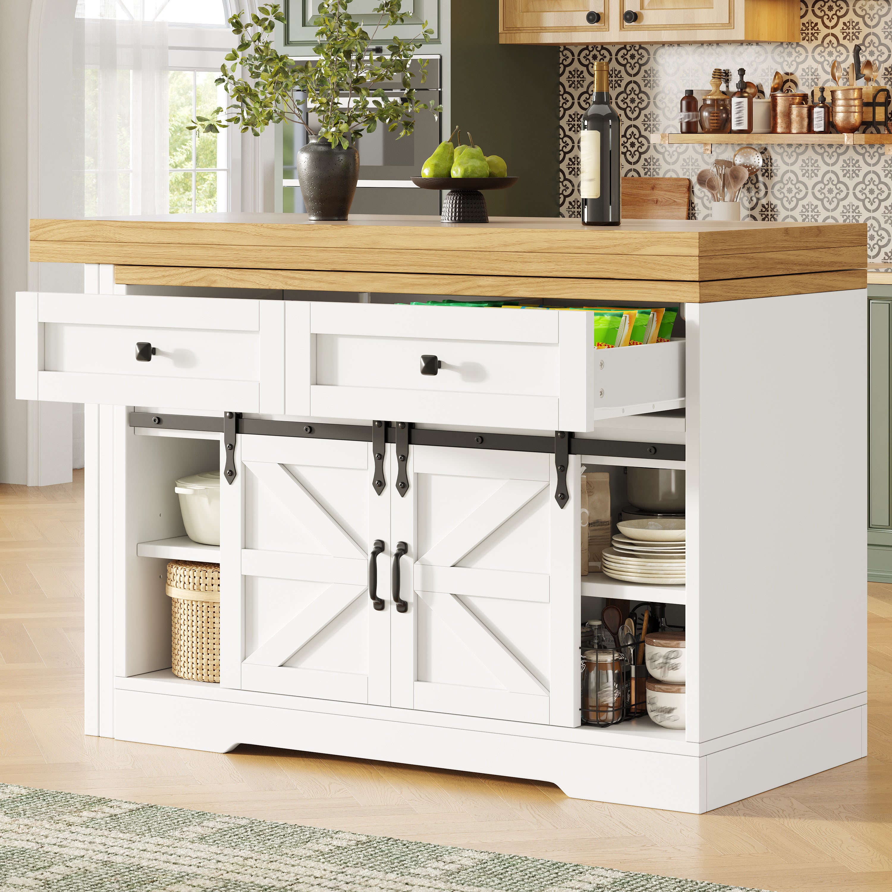 Extendable Sideboard & Dining Table Combo, Kitchen Storage Cabinet with Adjustable Shelves & Drawers, Multi-Functional & Space-Saving , White