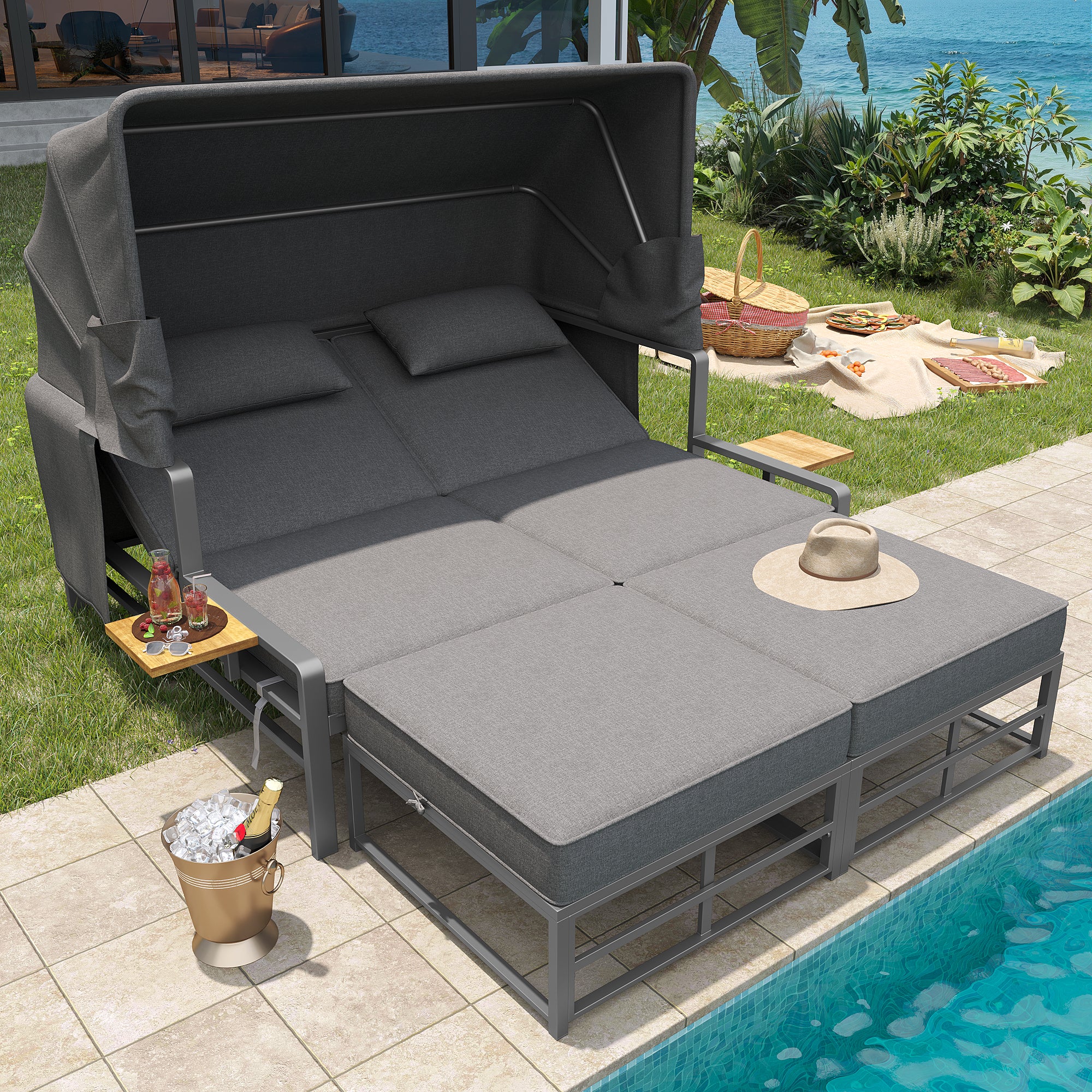 Garden lounge set for 2-4 people, sun lounger set, garden lounger for 2 people with foldable sunshade, outdoor sofa set, dining set for terrace, balcony, garden, indoor/outdoor use