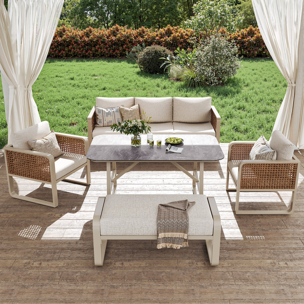 Garden Lounge Set for 6-7 People, PE Rattan Seating Group incl. Side Table, Garden Sofa with Washable Cushions, Adjustable Feet for Terrace, Balcony, Garden, Beige