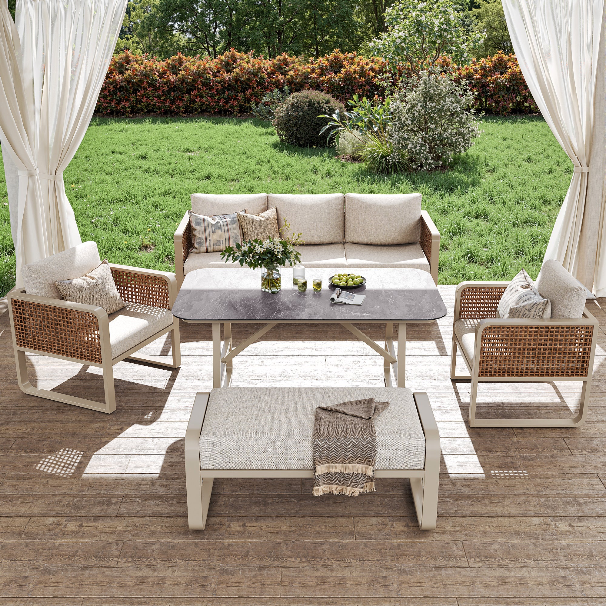 Garden Lounge Set for 6-7 People, PE Rattan Seating Group incl. Side Table, Garden Sofa with Washable Cushions, Adjustable Feet for Terrace, Balcony, Garden, Beige