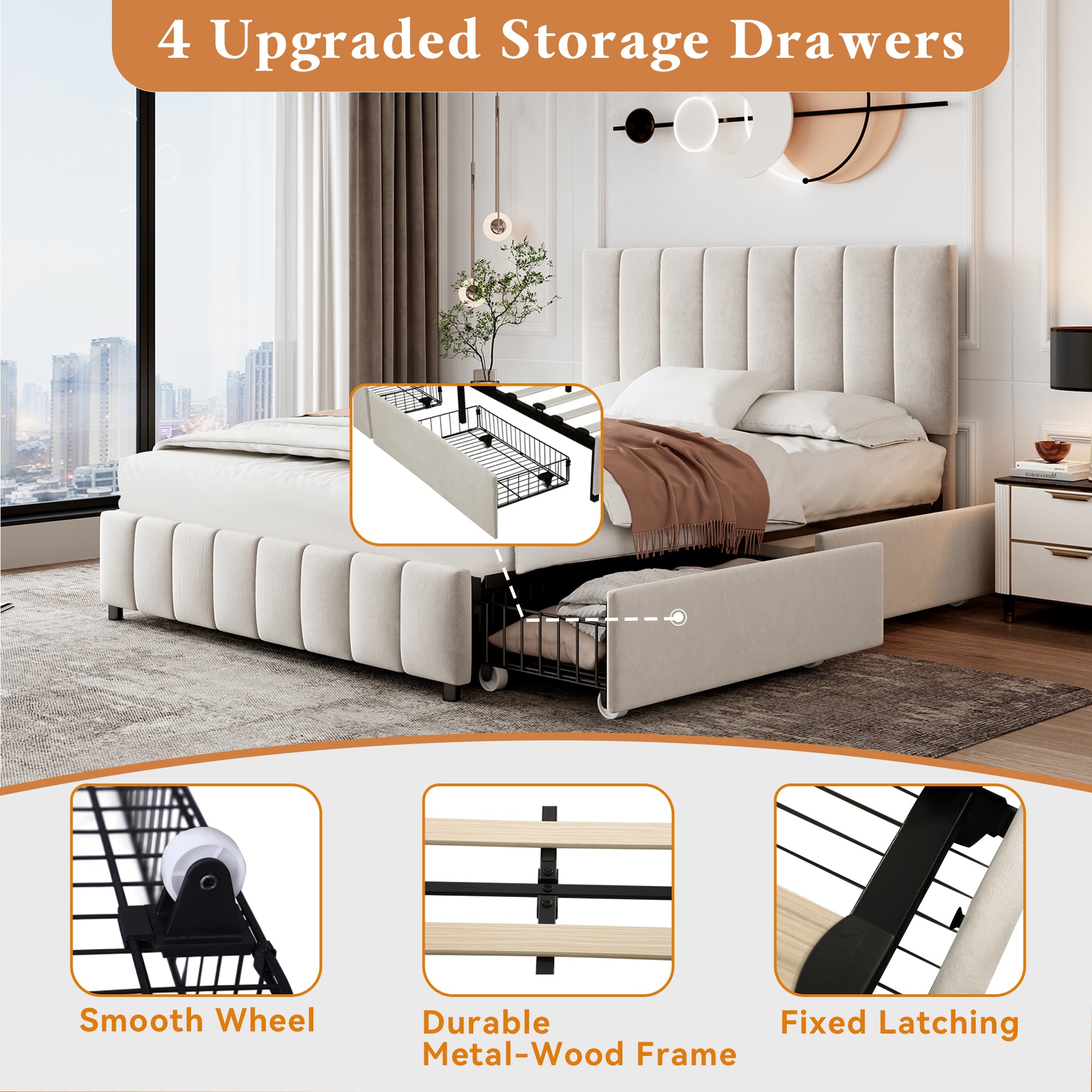 4ft6 Double Upholstered Bed with 4 Storage Drawers, Velvet Platform Bed Frame with Adjustable Channel Tufted Headboard, Metal-Wood Support, No Box Spring Needed, Easy Assembly, Beige (No Mattress)