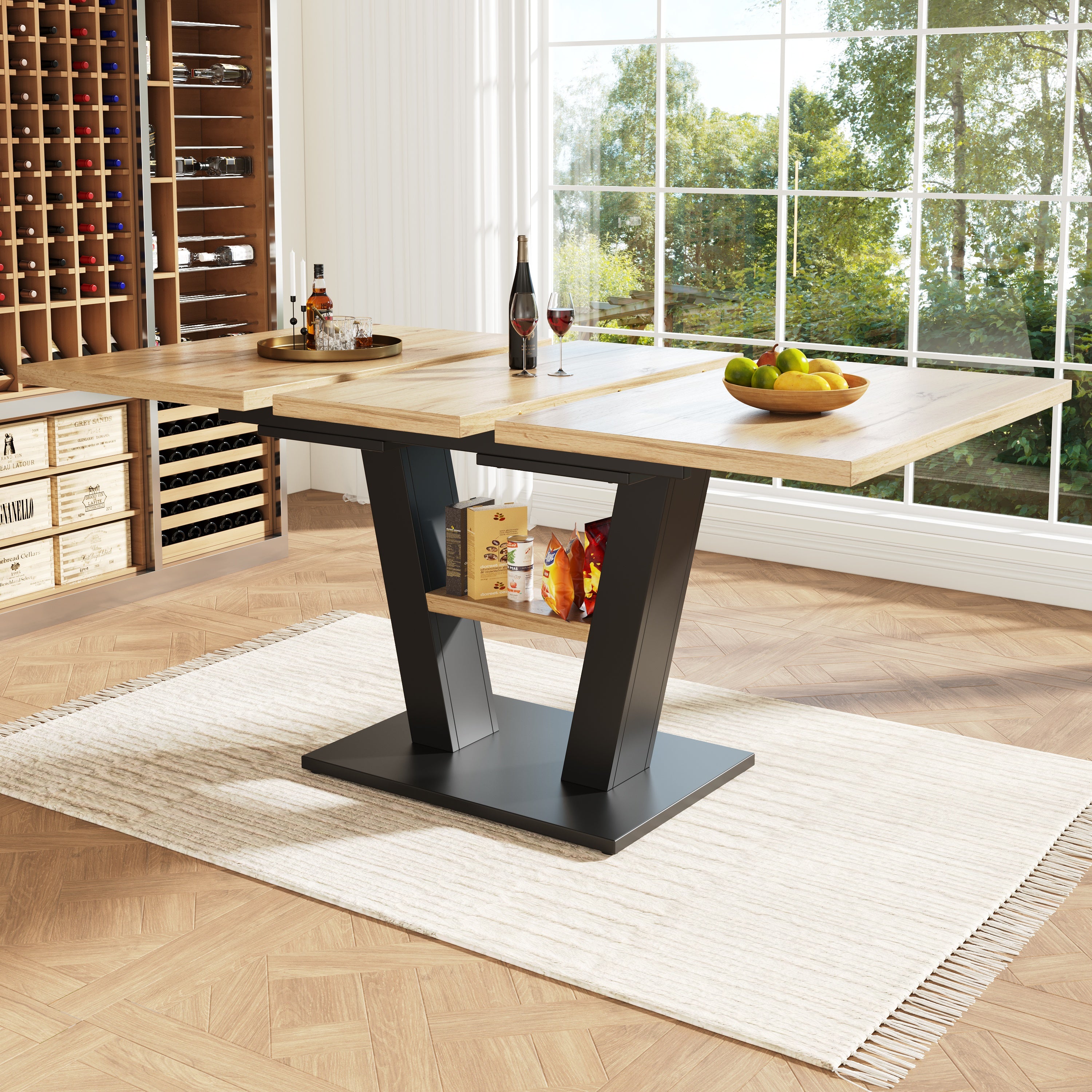 Extendable dining table (118-157×70×75cm), table, kitchen table,extendable to 118-157cm with the help of internal insert leaves, for kitchen and living room, wood-colored dining table
